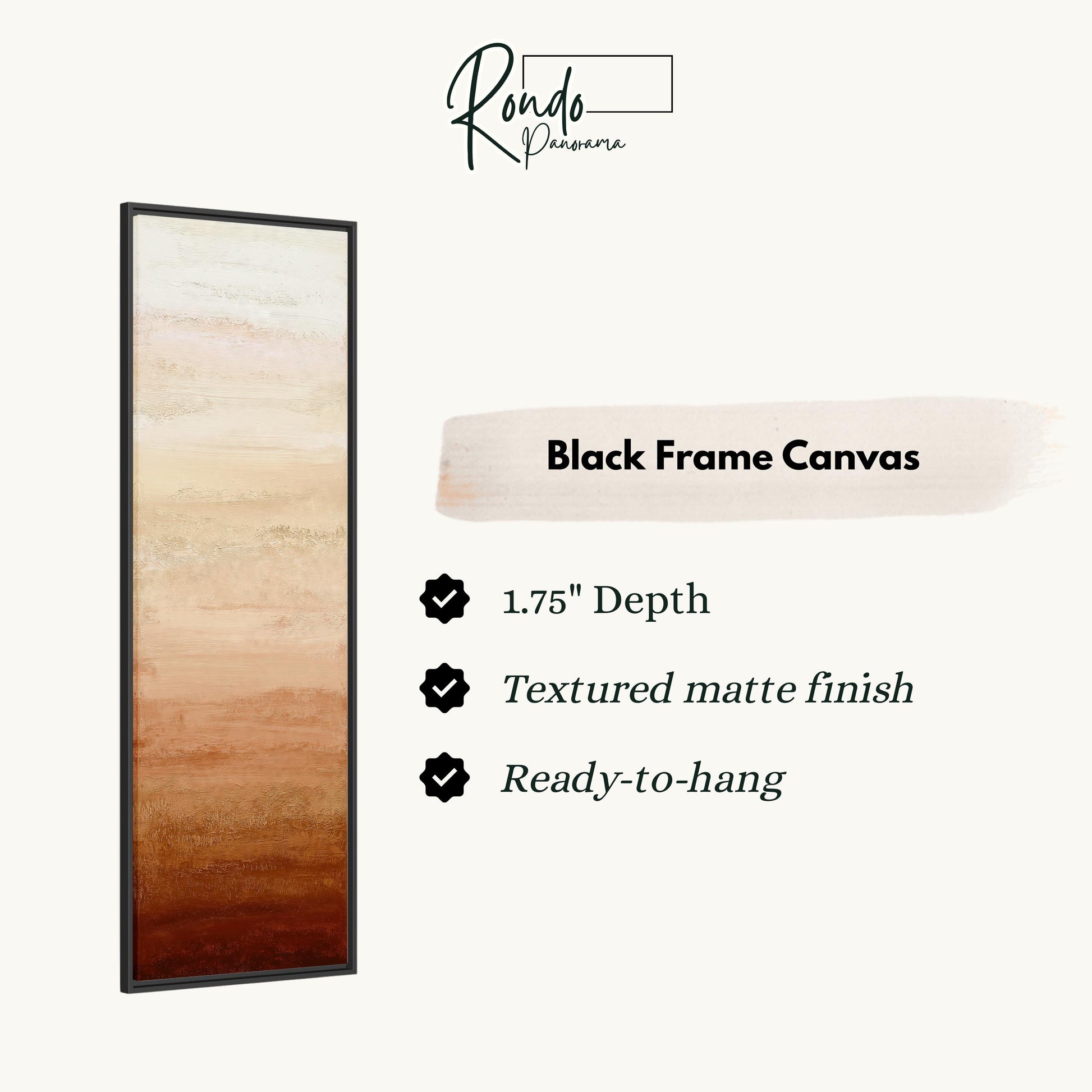 The image is a product description for a black frame canvas. It features a vertical image of a black frame canvas with a gradient of colors, ranging from light to dark brown. The product description includes details about the canvas, such as its 1.75" depth, textured matte finish, and the ability to hang it.