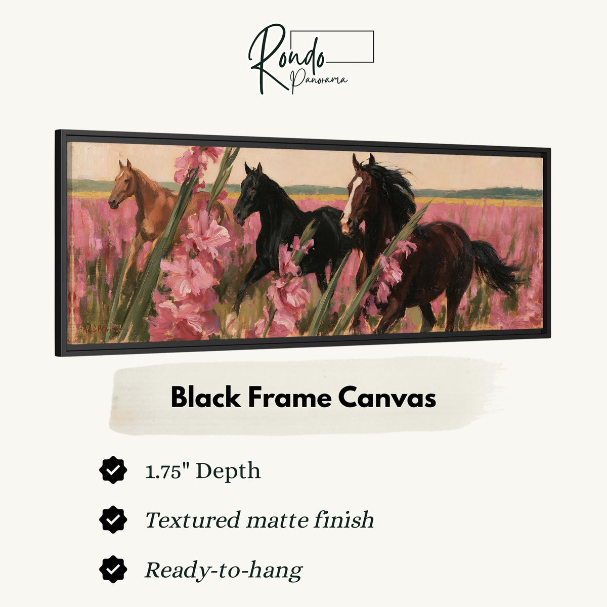 Horses running through pink gladiolus canvas print in a black floating frame