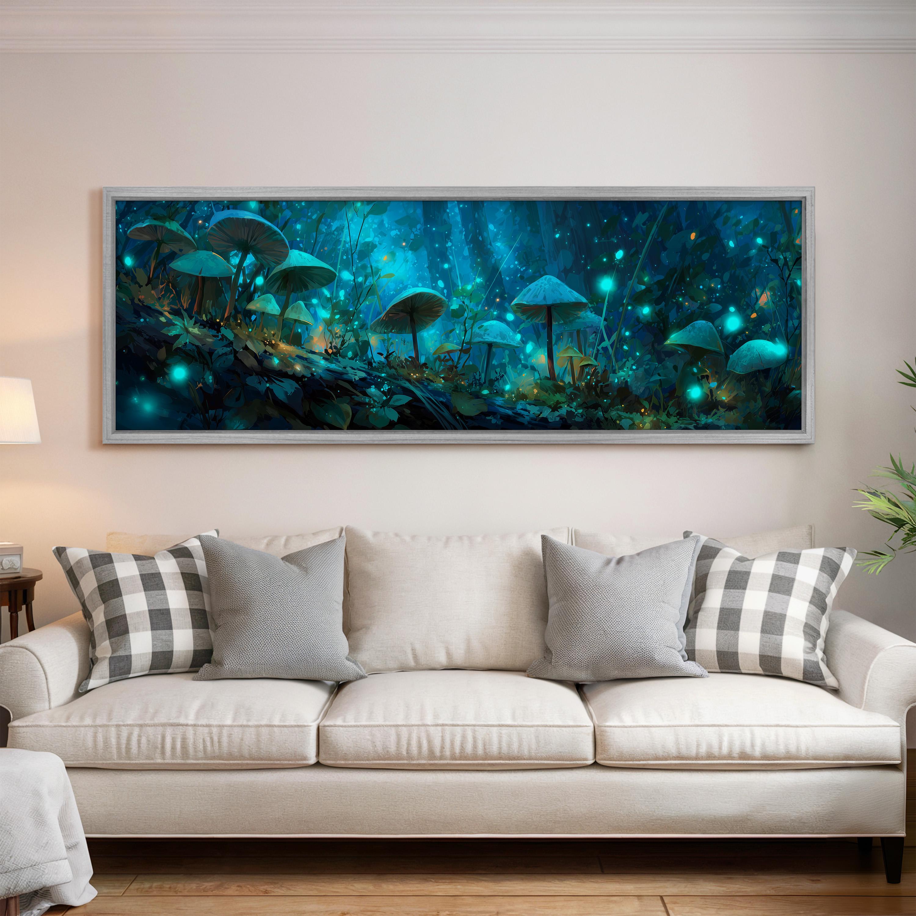 a large, framed painting of a forest scene with mushrooms and glowing mushrooms hanging on a wall above a white couch with gray and white pillows.
