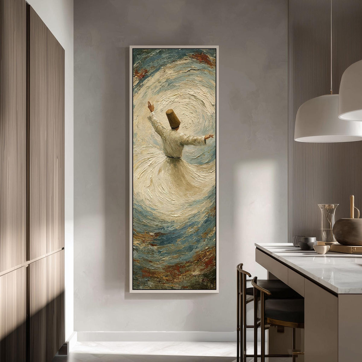 Whirling dervish tall skinny canvas print in a modern kitchen