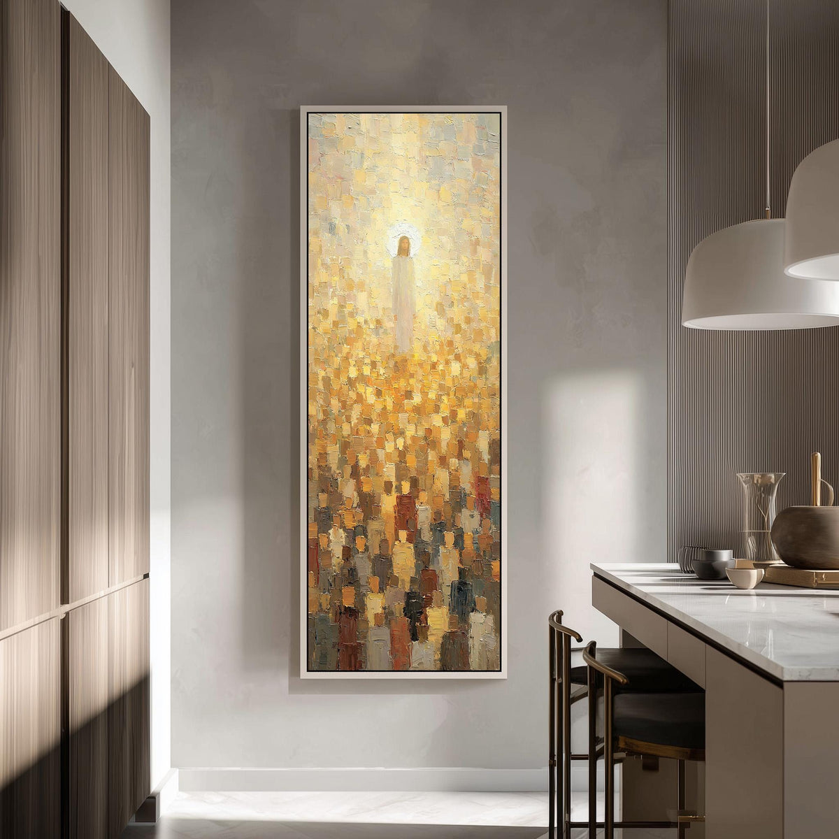 Jesus glowing above a golden crowd tall skinny canvas print in a modern kitchen