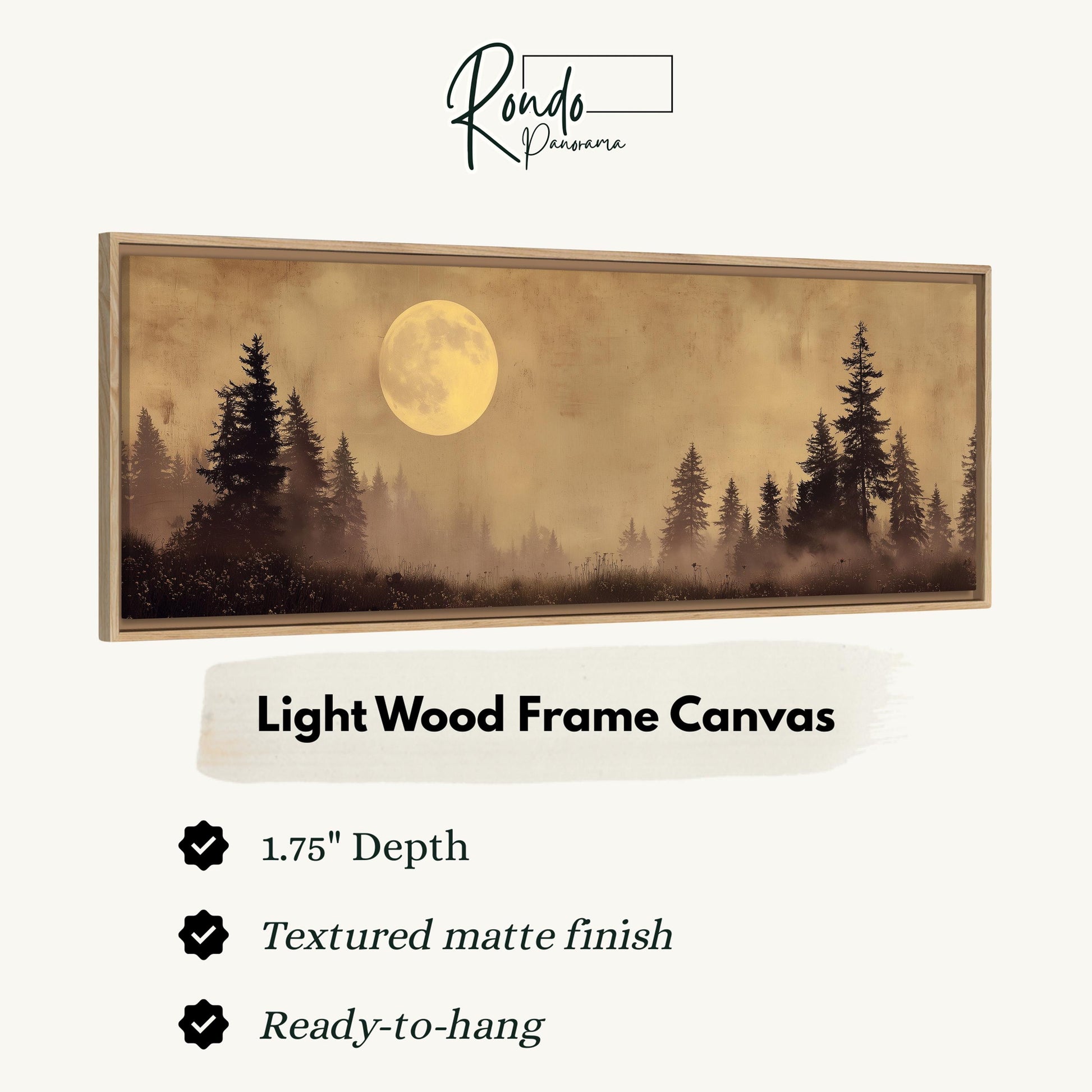 a large, light wood frame canvas depicting a forest scene with a full moon in the background.