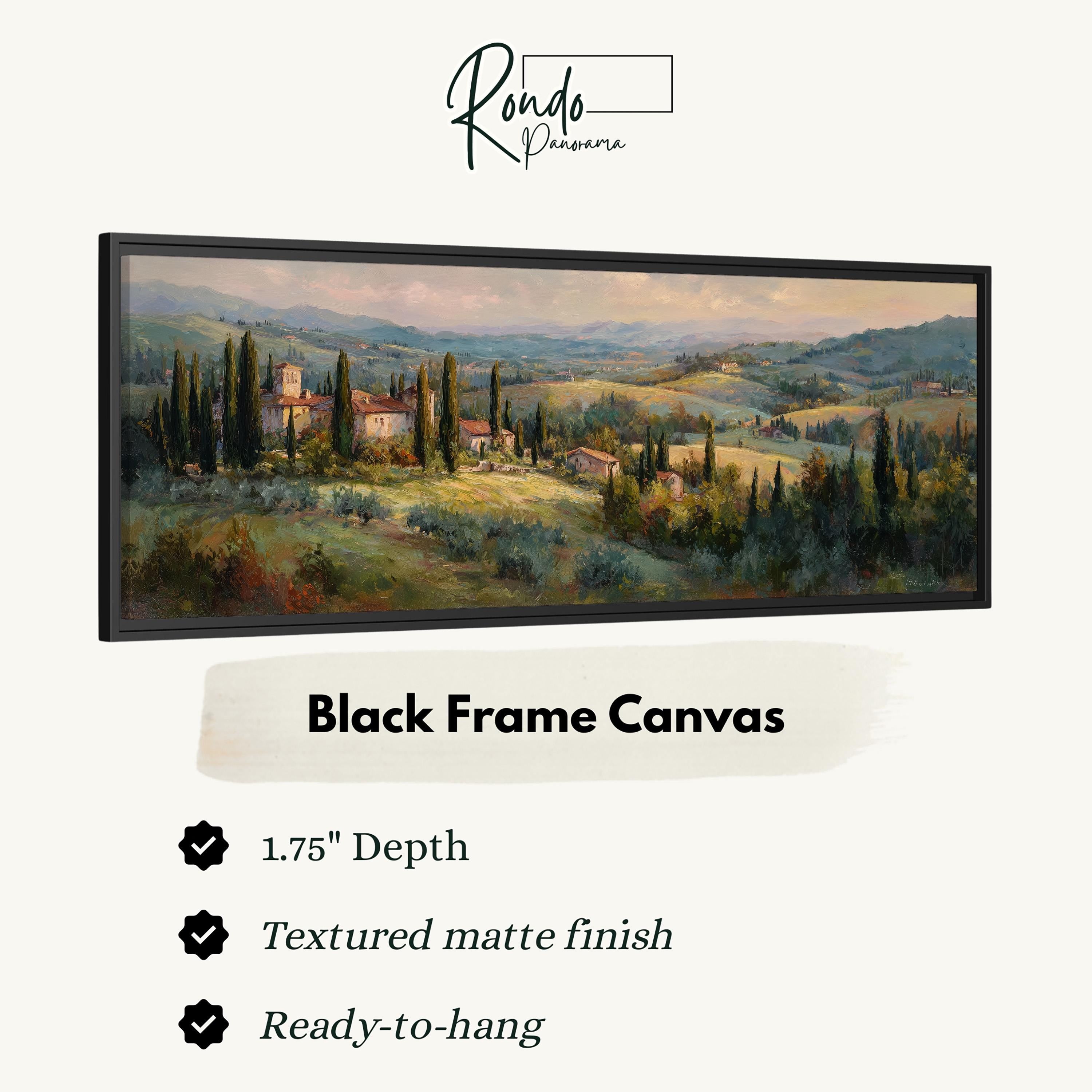 The image is a black frame canvas depicting a scenic countryside landscape with rolling hills, trees, and buildings.
