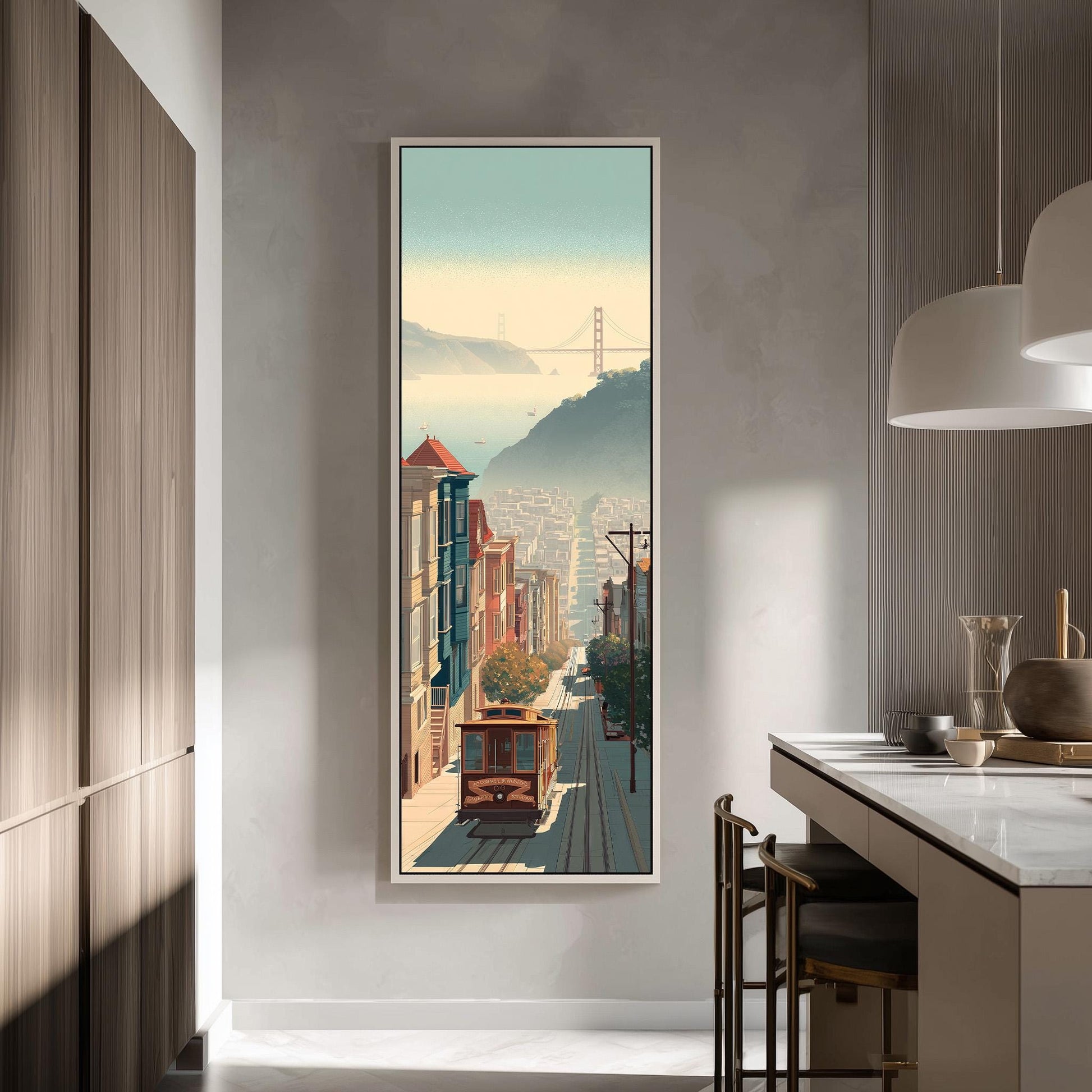 a large framed painting of a cityscape with a trolley car in the foreground, hanging on a wall in a modern kitchen.