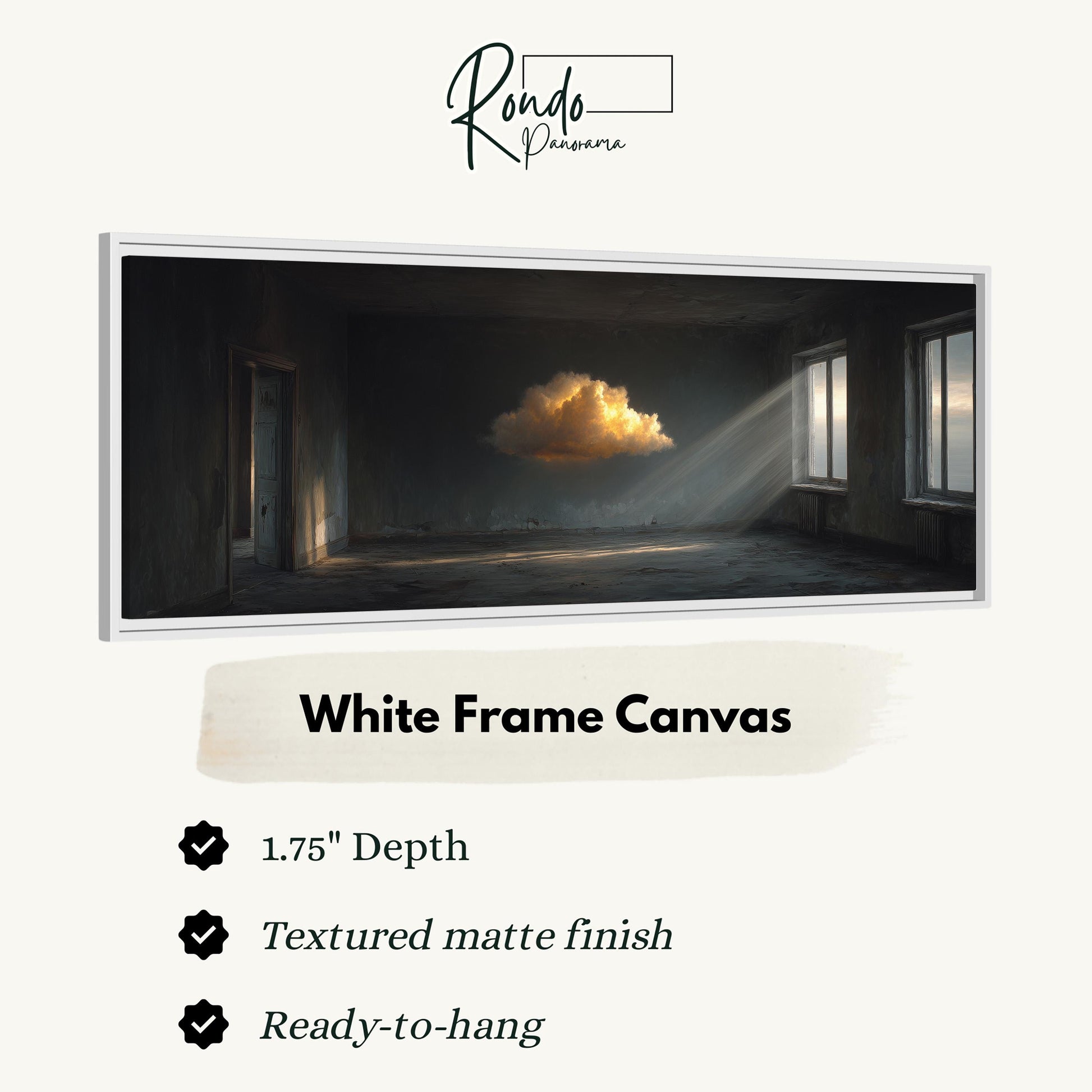 The image is a white frame canvas depicting an open, empty room with a single, large, glowing cloud in the center.