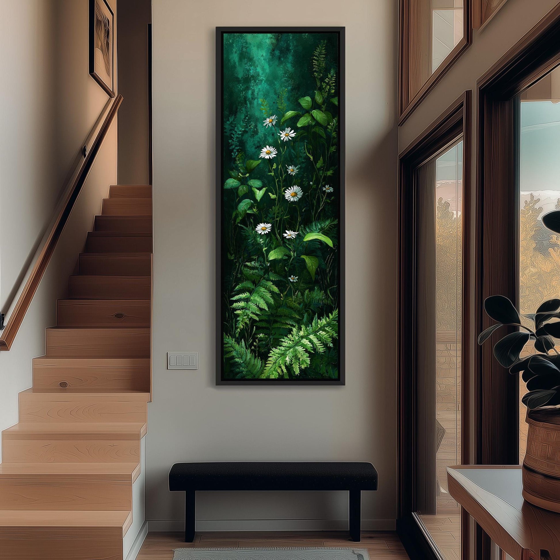 a large painting of a lush green forest with white flowers hanging on the wall of a hallway. The painting is framed and appears to be the focal point of the space.