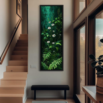 a large painting of a lush green forest with white flowers hanging on the wall of a hallway. The painting is framed and appears to be the focal point of the space.
