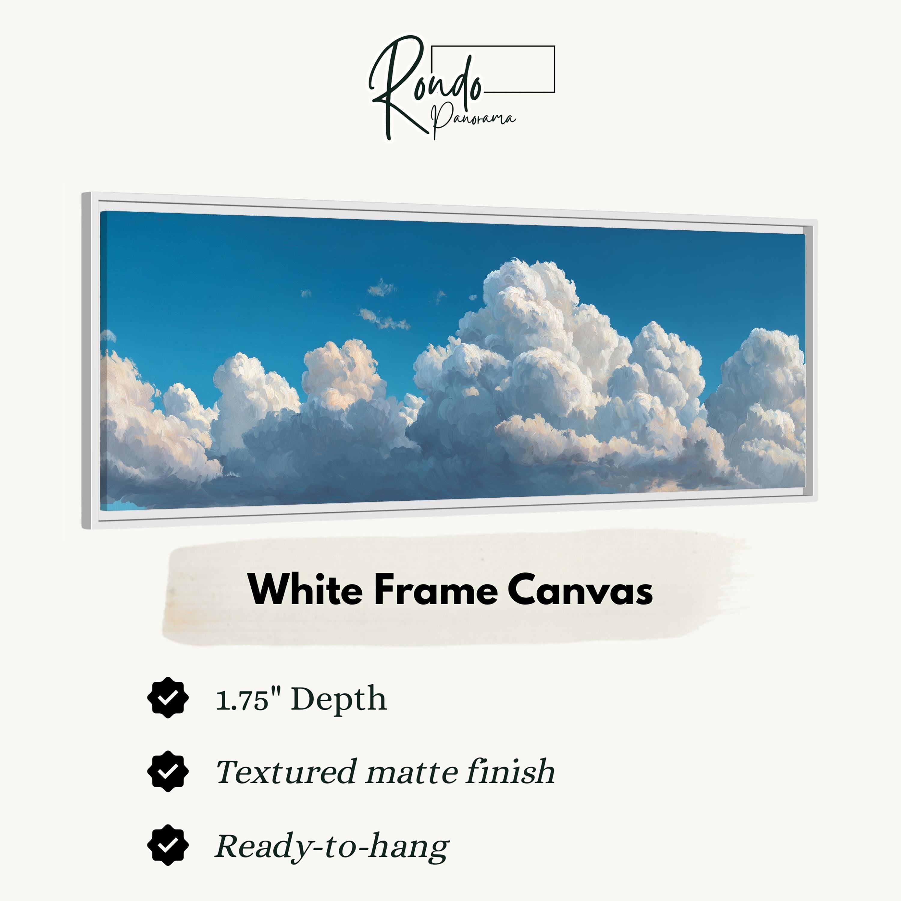 The image is a framed canvas depicting a beautiful blue sky with fluffy white clouds.