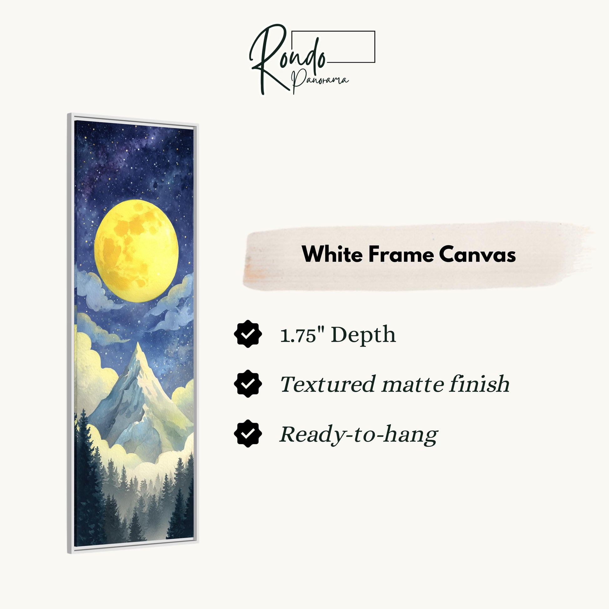 The image is a white frame canvas depicting a night sky with a large, bright yellow moon and a mountain landscape.