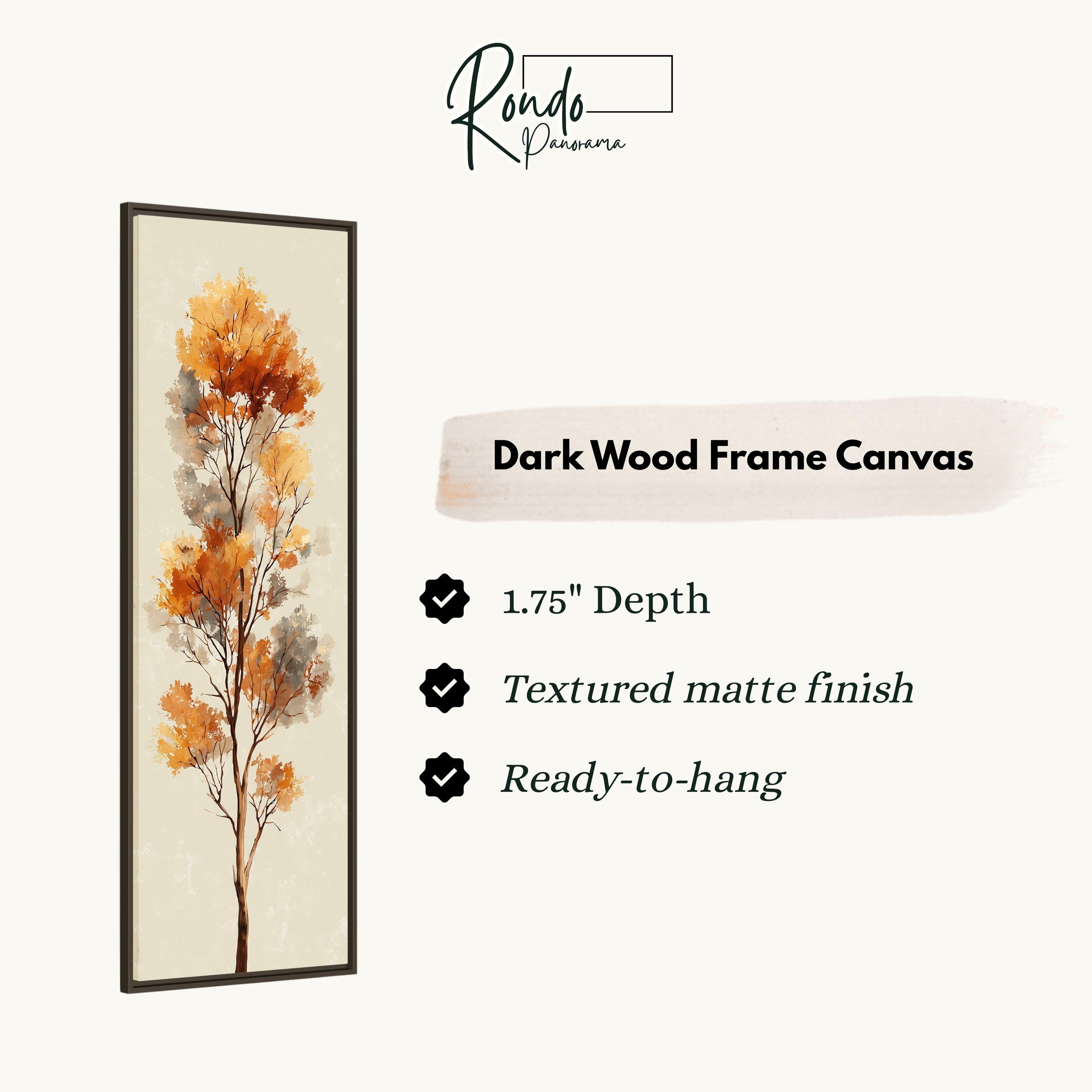 The image is a product description for a dark wood frame canvas. It features a tree with orange leaves, and provides details about the product, including its dimensions, finish, and hanging capabilities.
