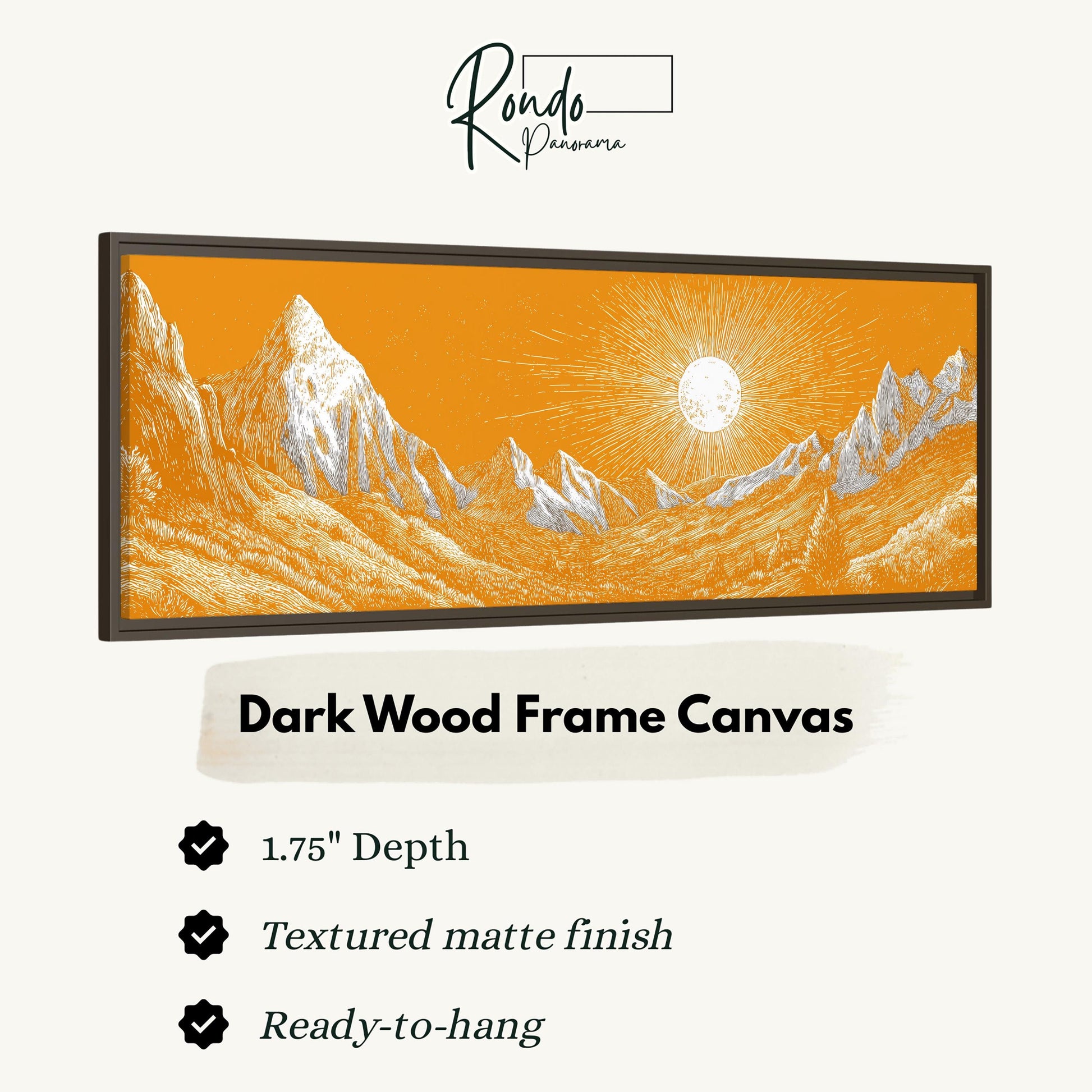 The image is a framed artwork depicting a mountain landscape with a sun in the sky.
