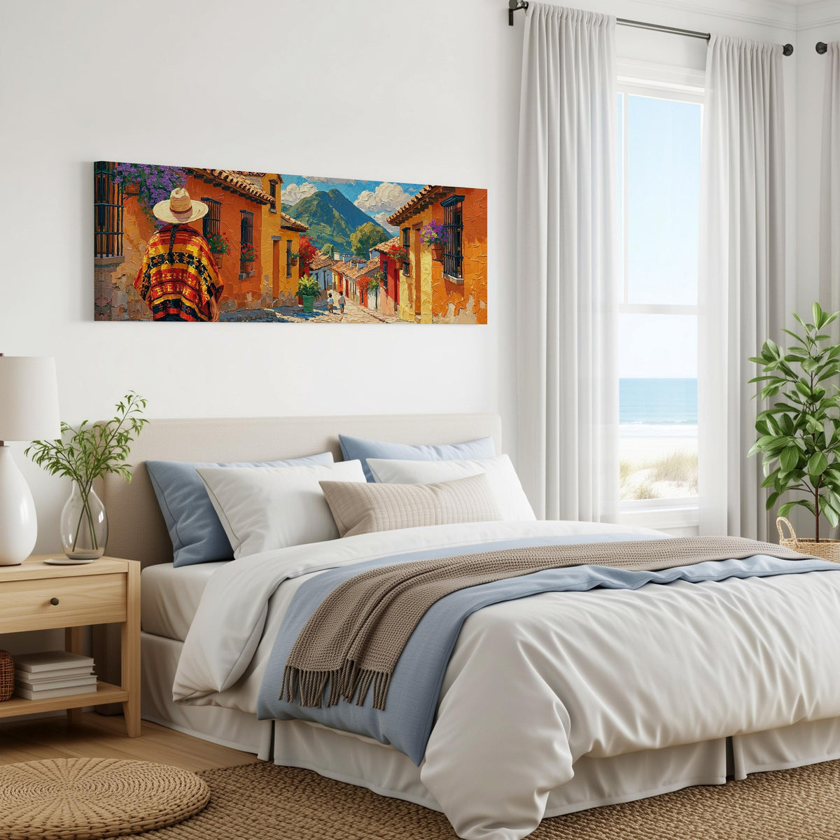 Colorful Guatemalan street with volcano view panoramic canvas print above a bed in a coastal bedroom