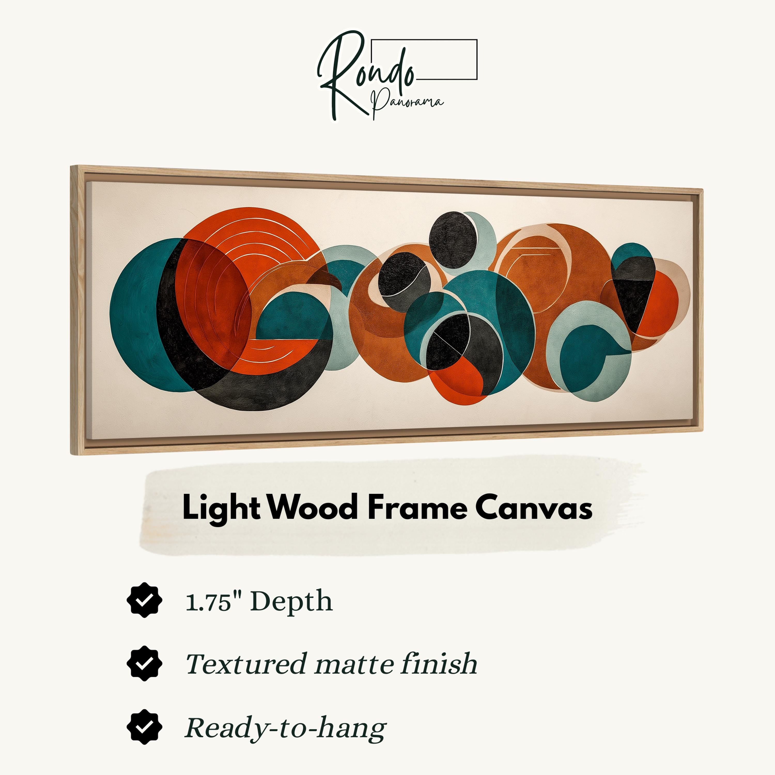 The image is a light wood frame canvas featuring abstract geometric shapes in various colors, including orange, blue, and green.