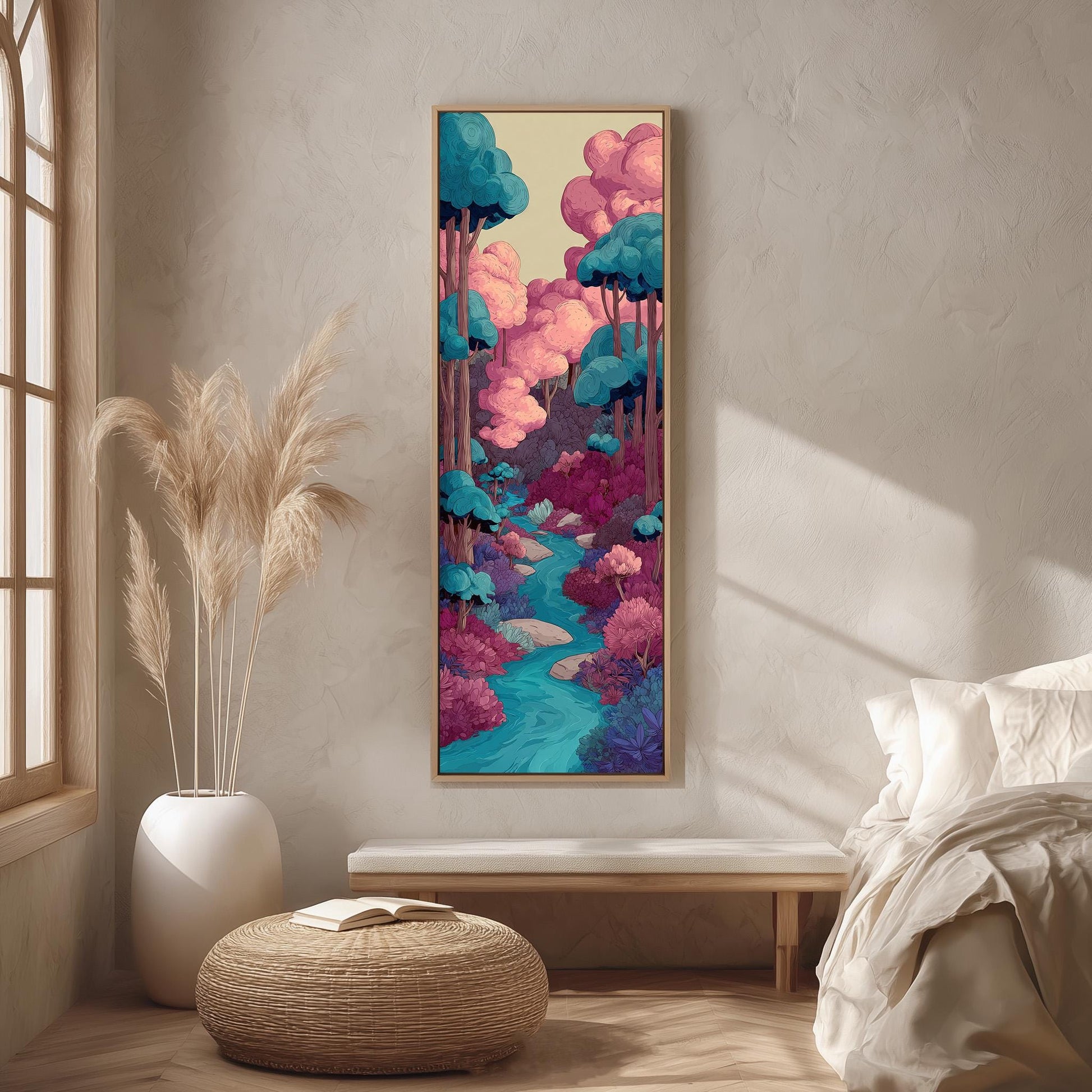 a large, colorful painting of a forest scene hanging on a wall in a room with a bed, a wicker ottoman, and a potted plant.