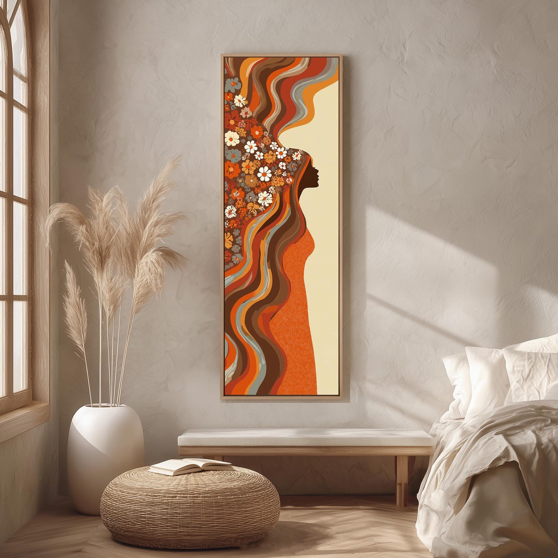 a modern and minimalist bedroom design with a large abstract painting of a woman's face on the wall, a white bed, a woven ottoman, and a potted plant.