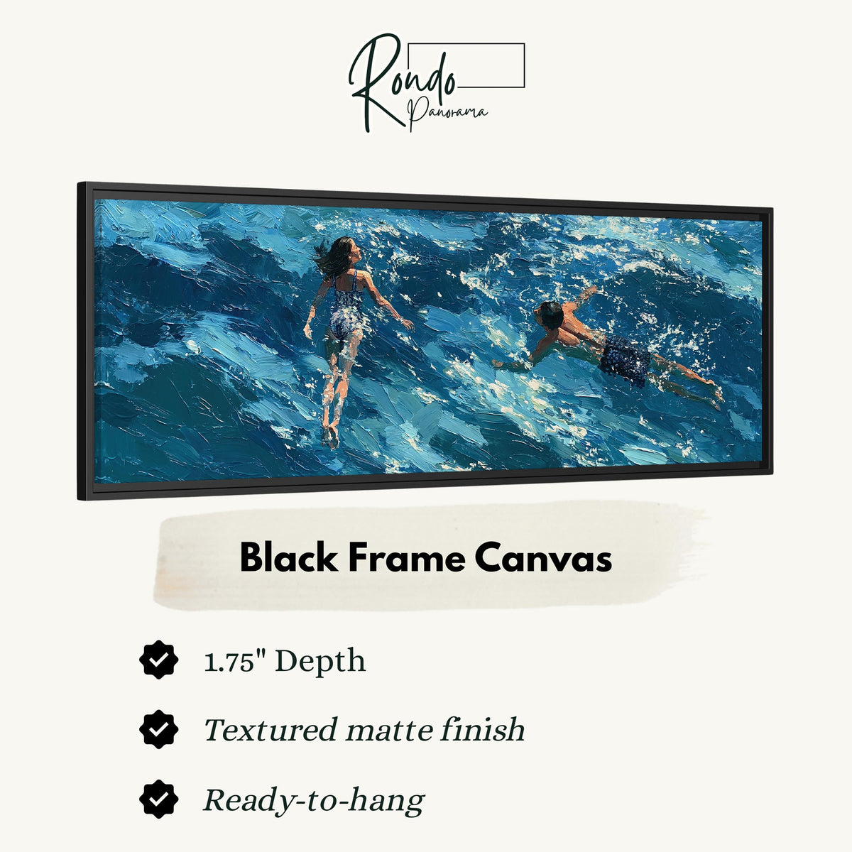 Two swimmers in turquoise waves canvas print in a black floating frame