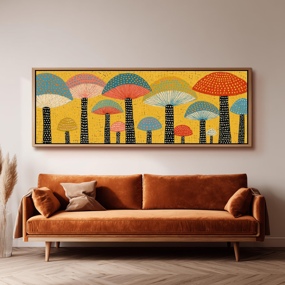 Golden mushroom parade panoramic canvas print above a sofa in a living room