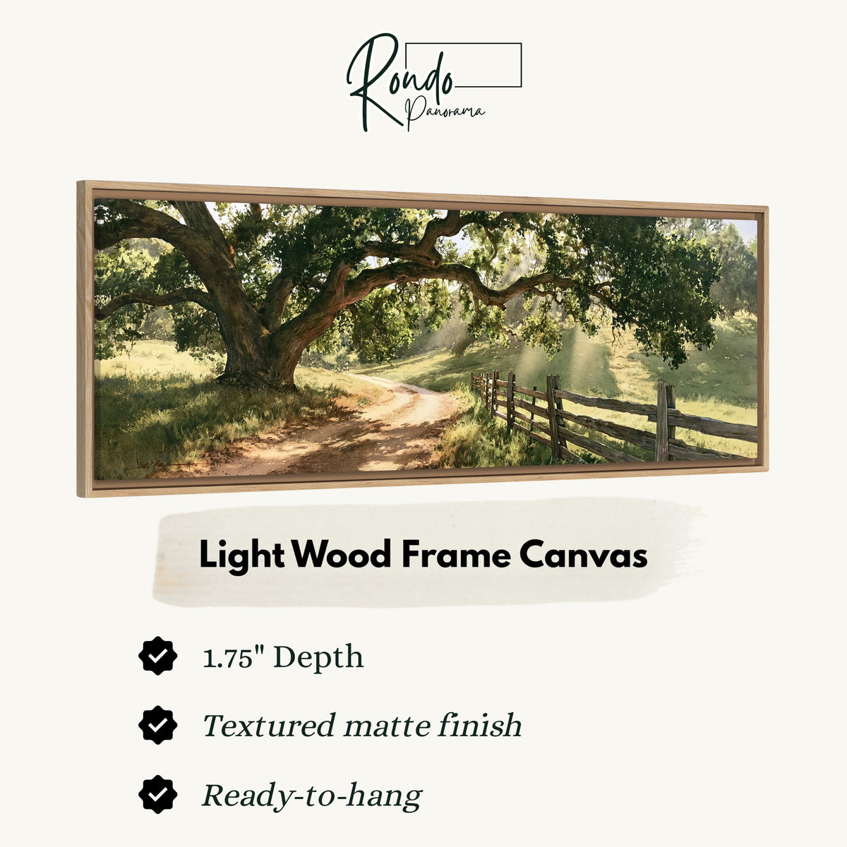 Sunlit country lane with oak trees and a wooden fence canvas print in a light wood floating frame
