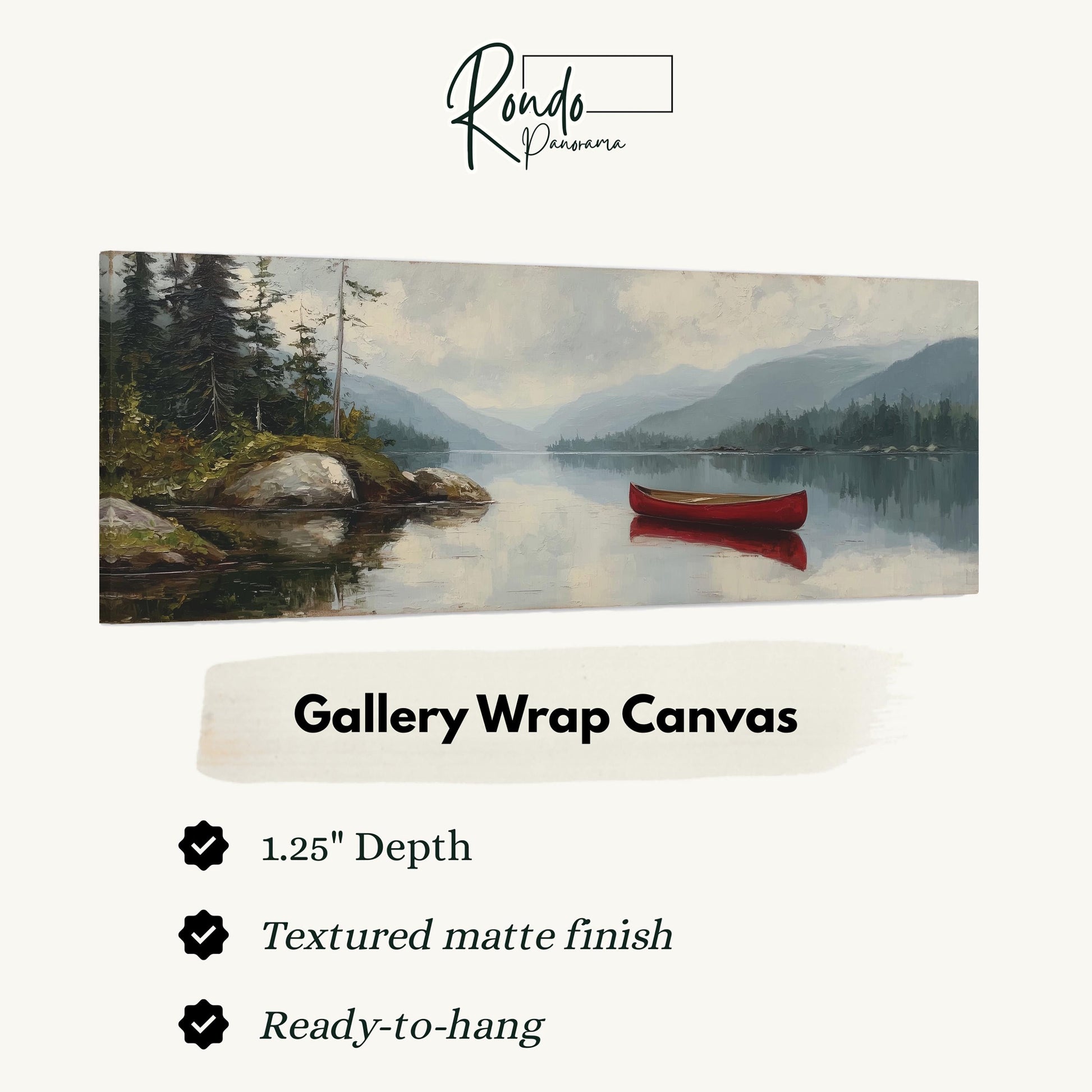 The image is a painting of a red canoe on a lake, surrounded by trees and mountains.