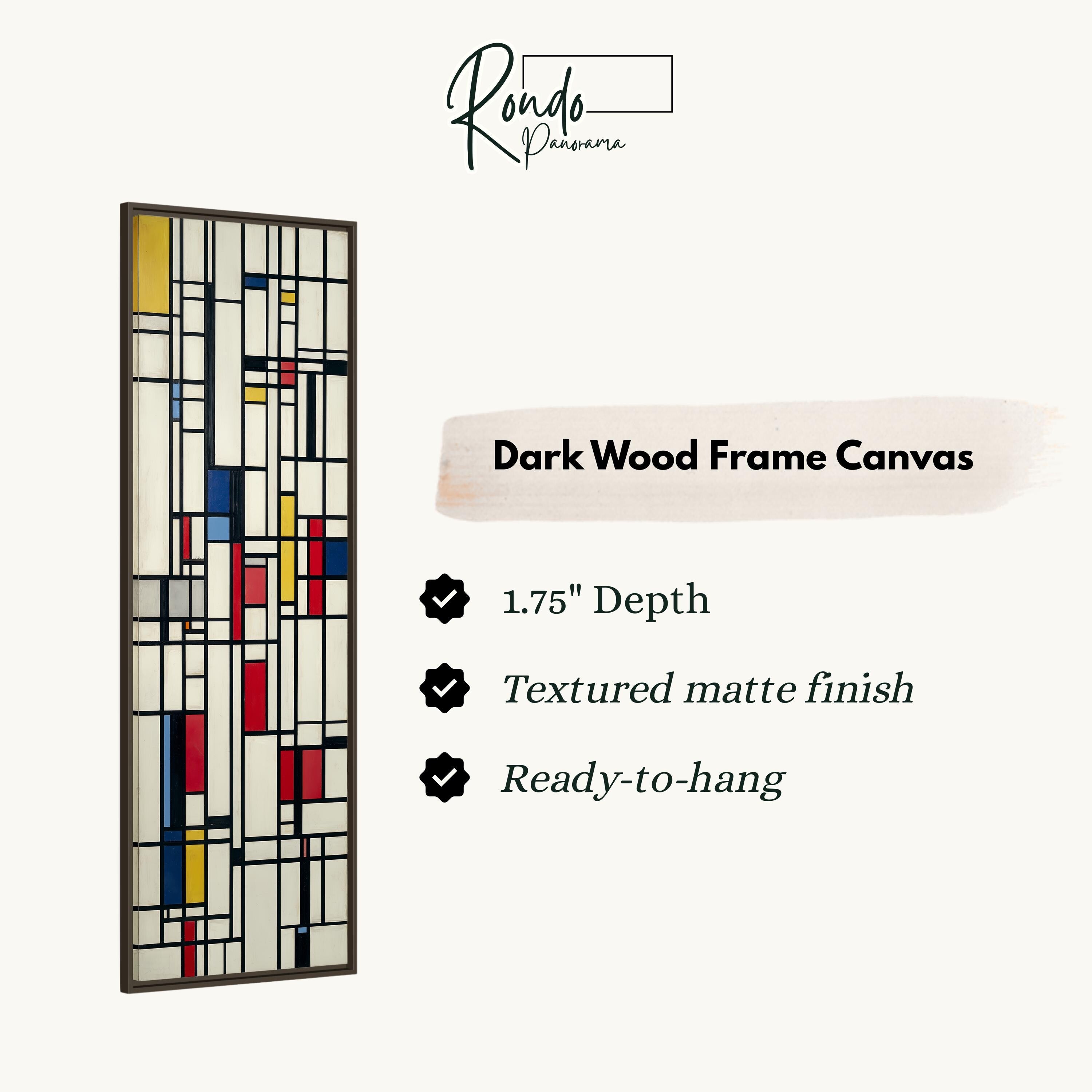 The image is a product advertisement for a dark wood frame canvas. It features a colorful abstract artwork with bold lines and shapes, and provides details about the product, including its dimensions, finish, and hanging capabilities.