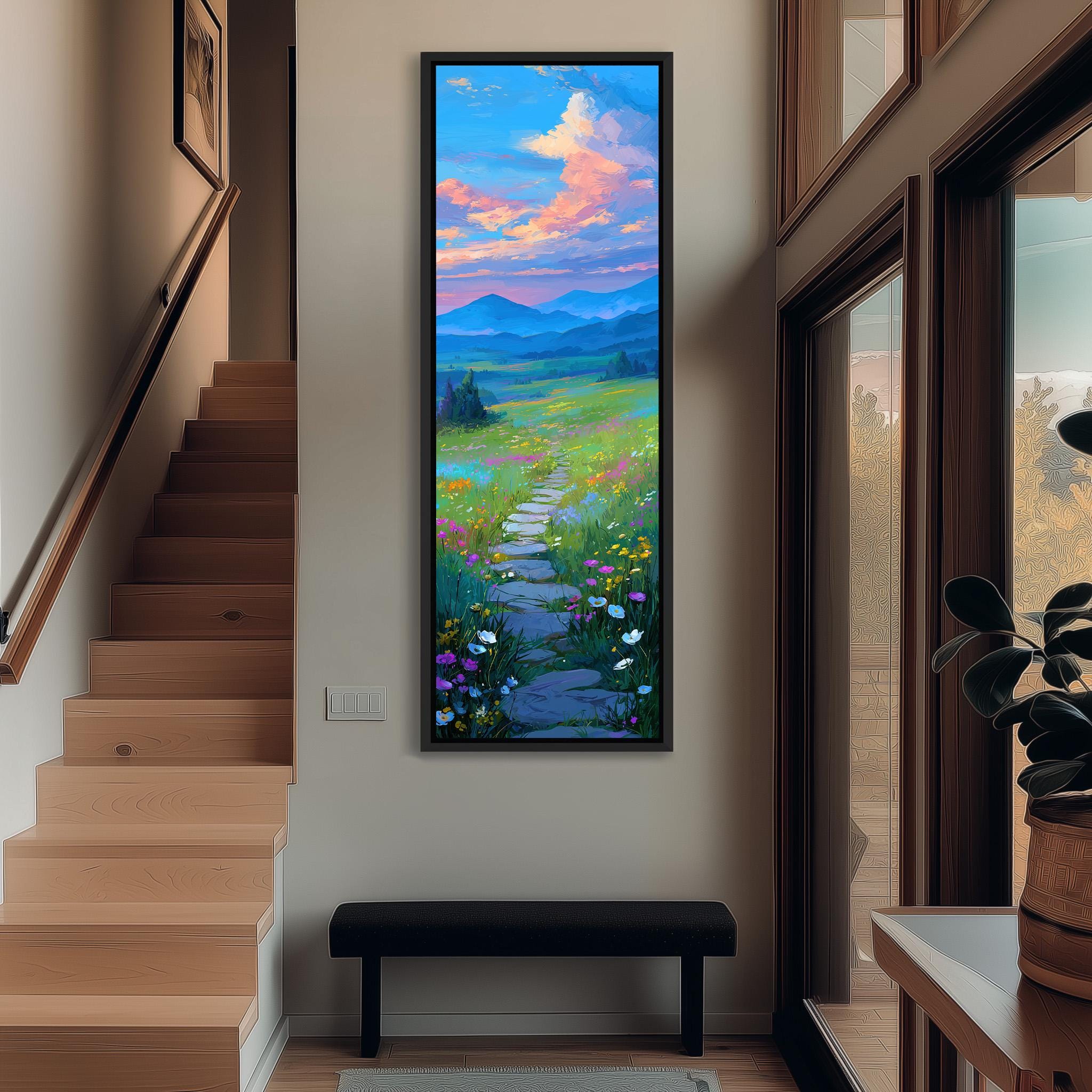 a large, colorful painting of a winding path through a field of flowers, hanging on the wall of a hallway.