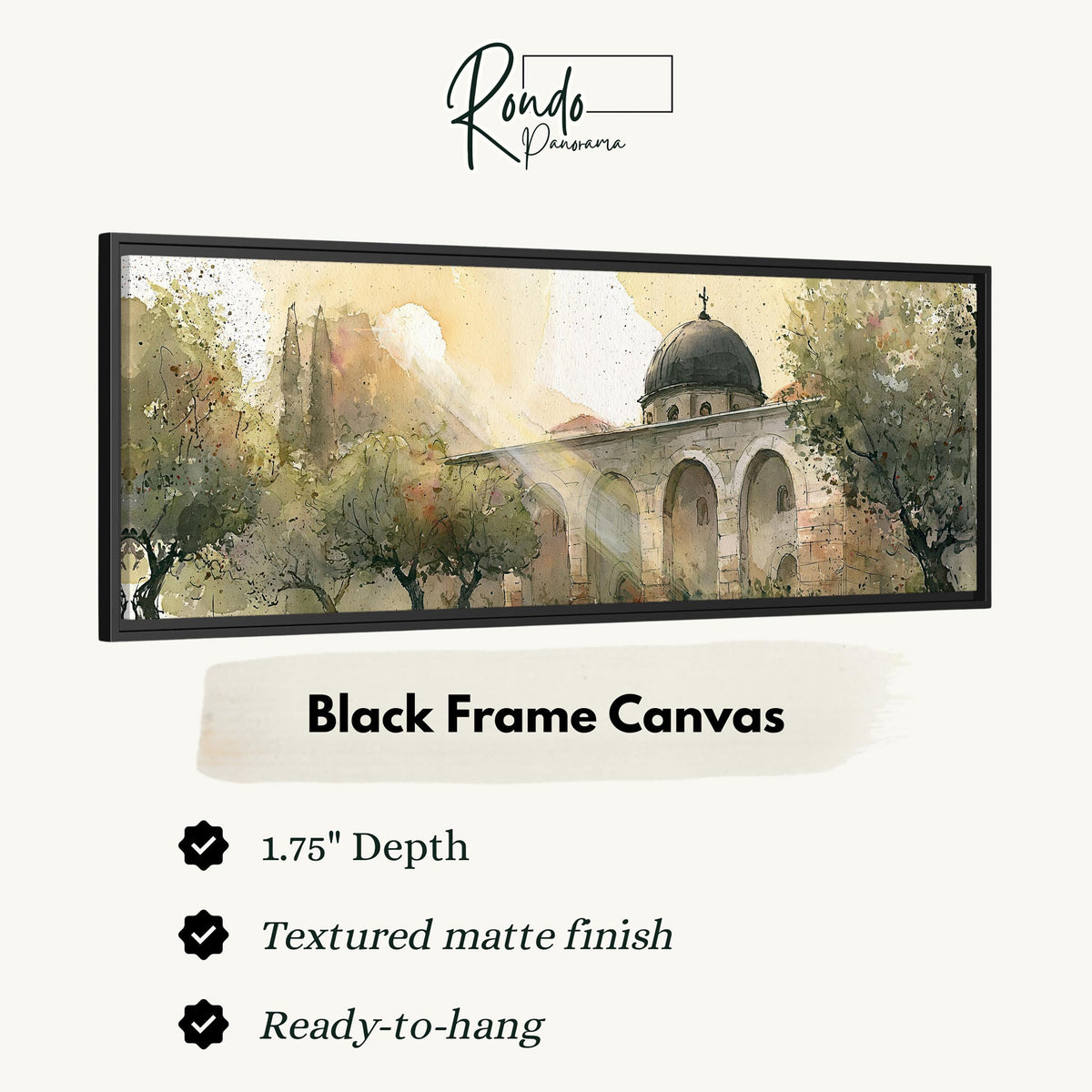 Domed mosque courtyard in watercolor canvas print in a black floating frame