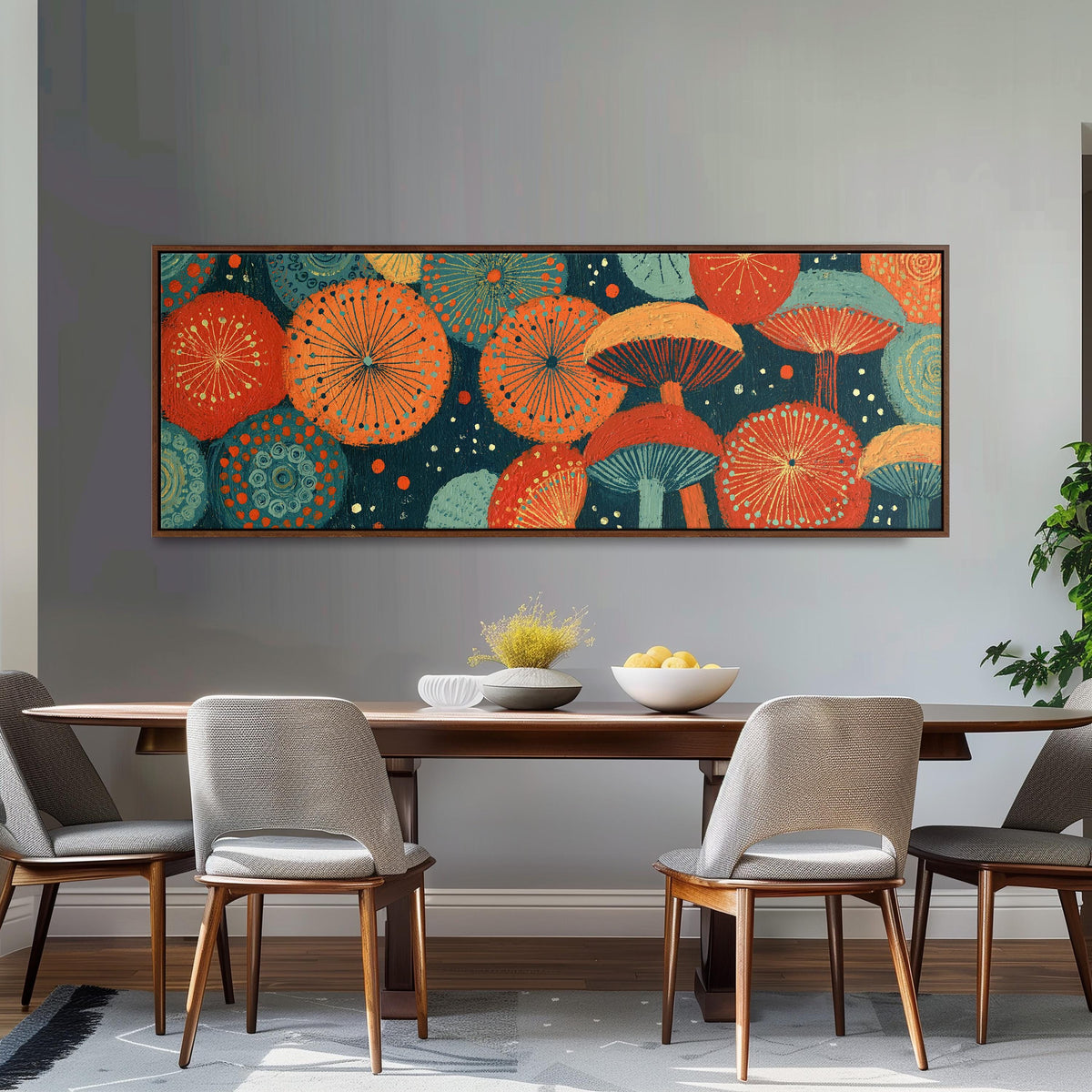 Orange and teal mushroom starburst long horizontal canvas print above a dining table