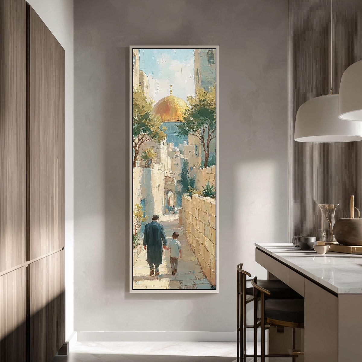 Father and child in a Jerusalem alley toward the golden dome tall skinny canvas print in a modern kitchen