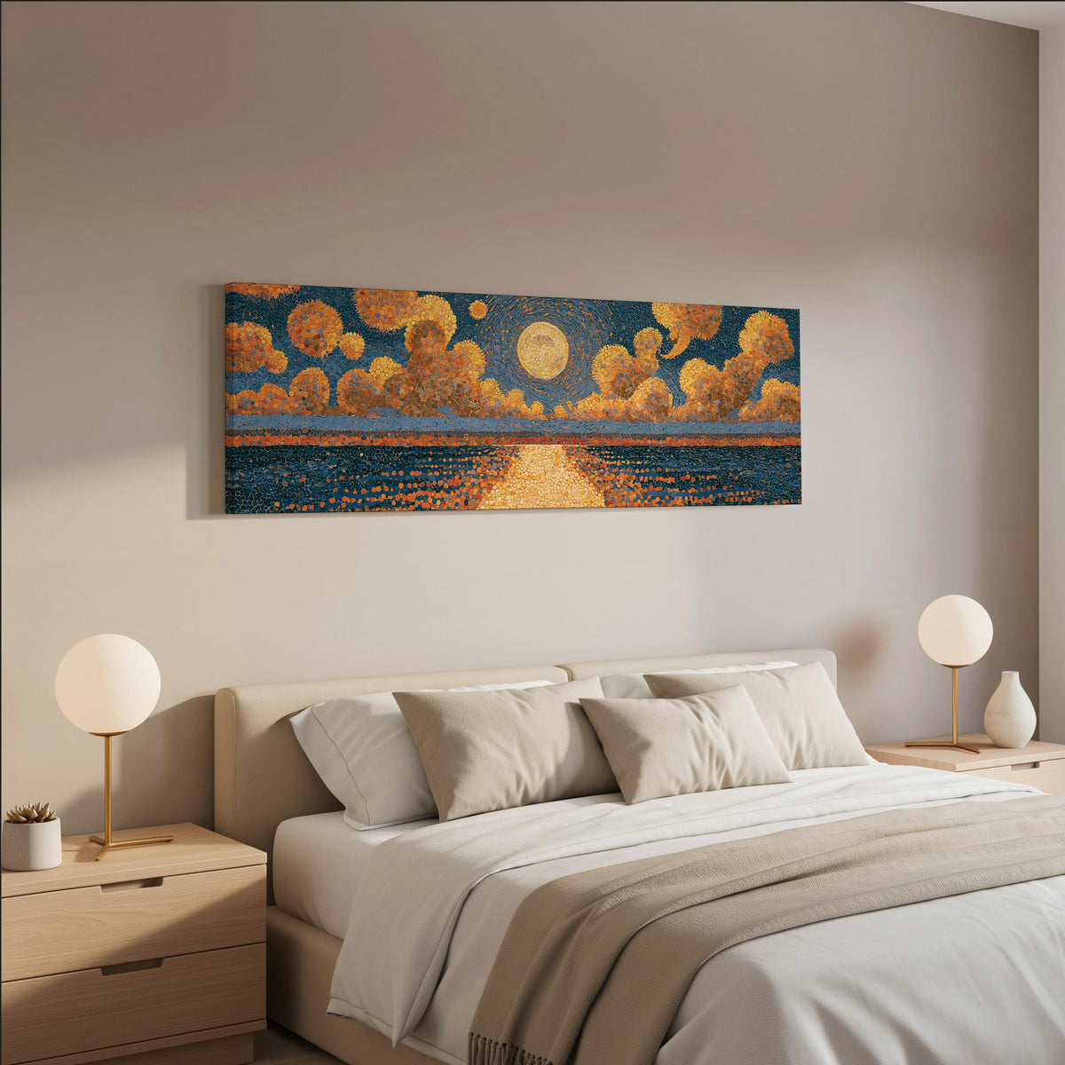 Golden sunset over a lake wide panoramic canvas print above a bed in a neutral bedroom
