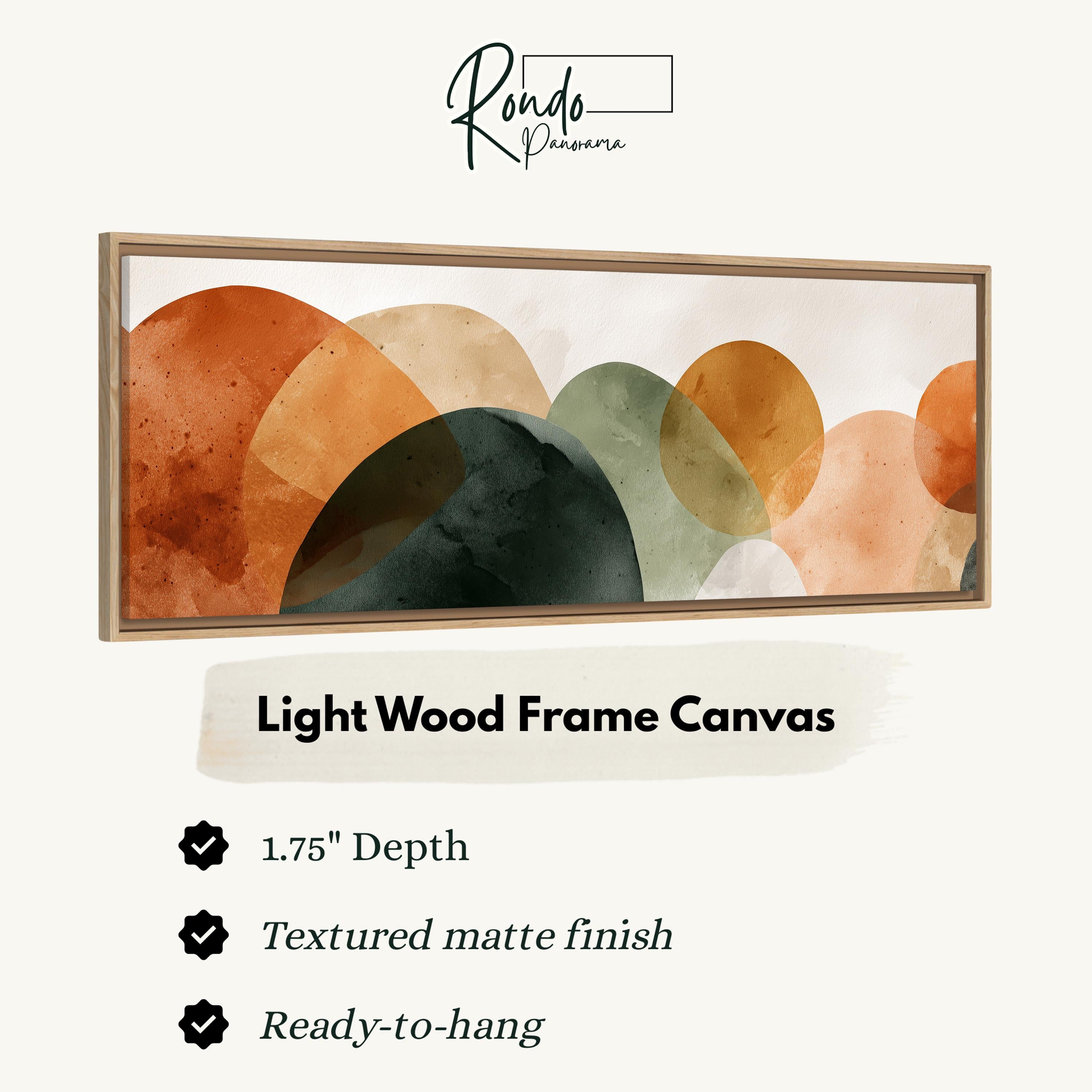 The image is a framed artwork featuring abstract shapes in various shades of orange and green.
