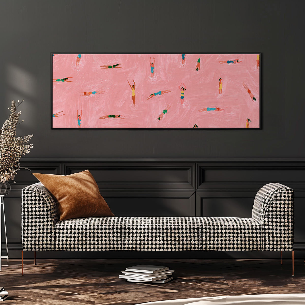 Tiny swimmers in a pink pool from above wide panoramic canvas print above a bench in a dark living room