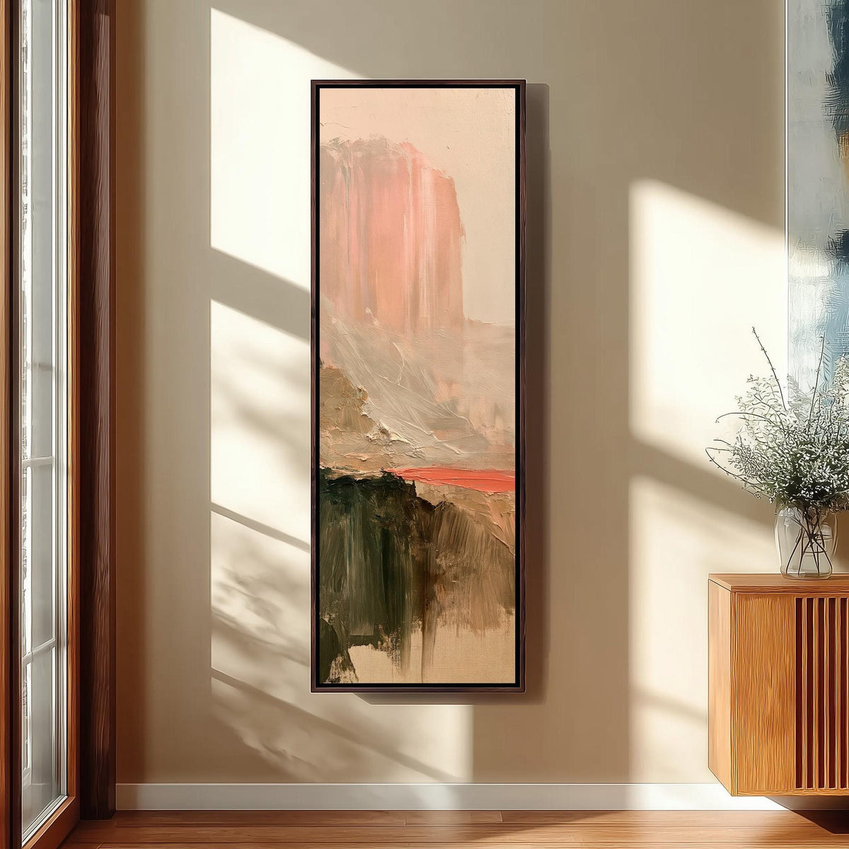 Abstract desert mesa and red river tall skinny canvas print in a sunlit living space