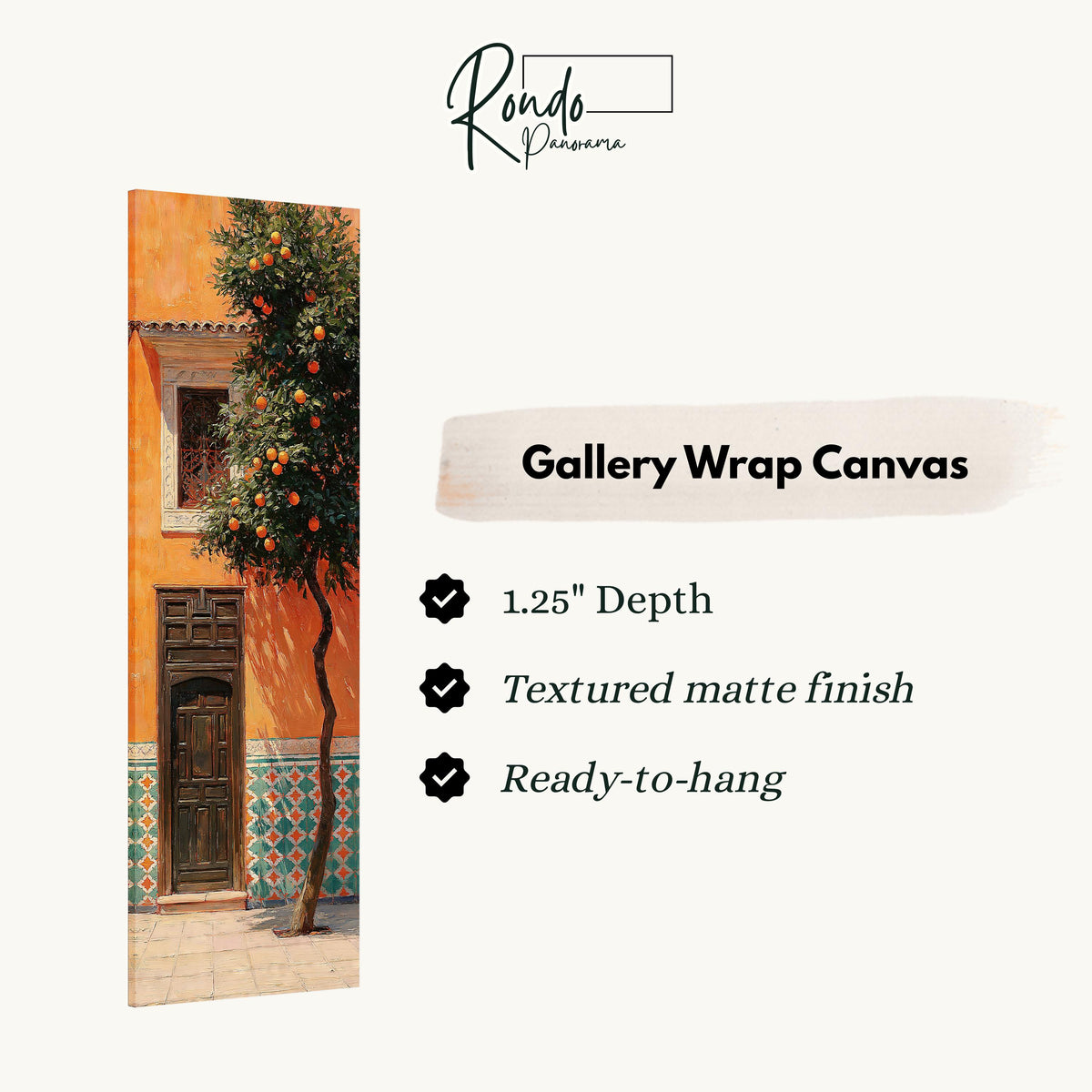 Orange tree beside a carved courtyard door gallery wrap canvas with the image wrapped around the edges