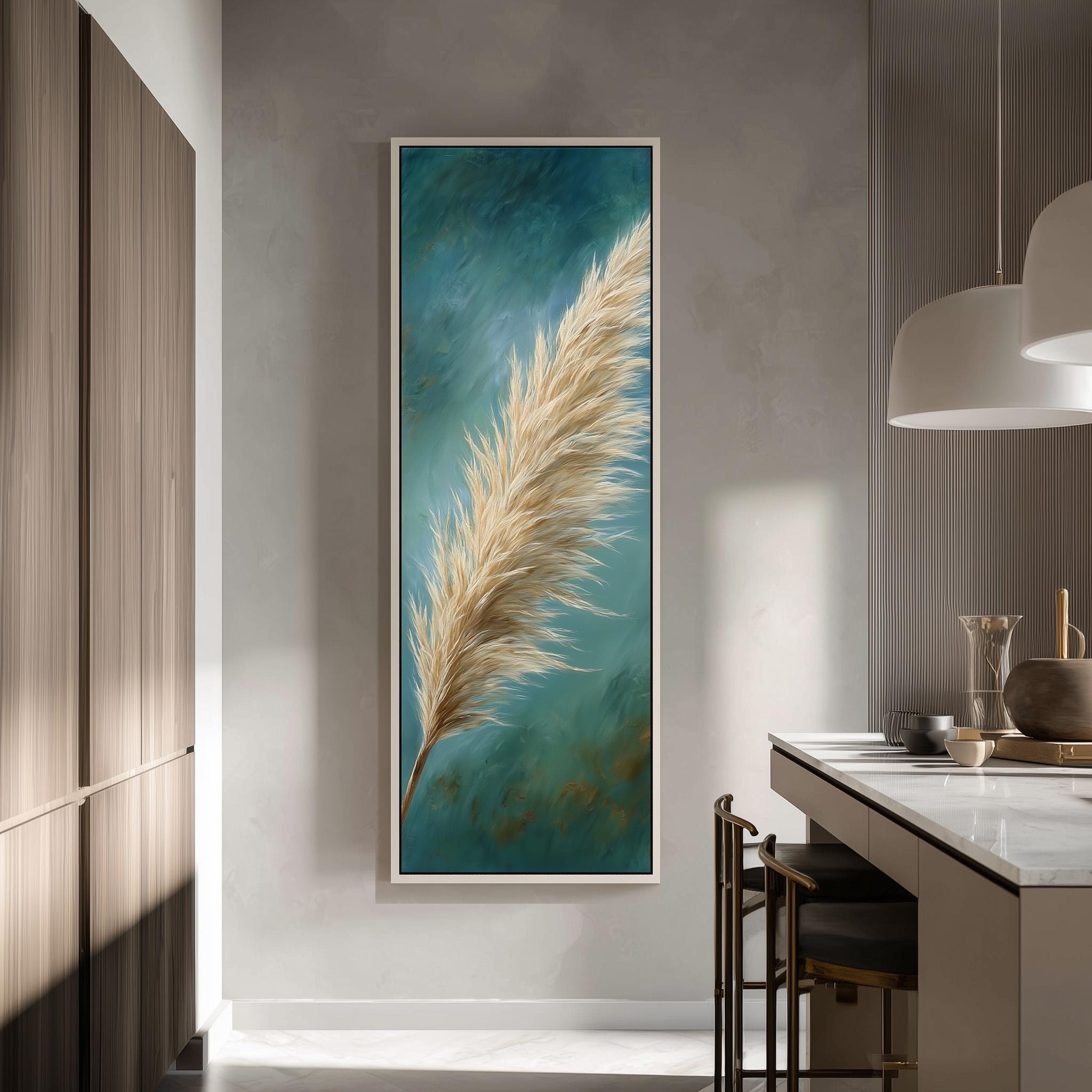 a large framed painting of a feather hanging on a wall in a modern kitchen.