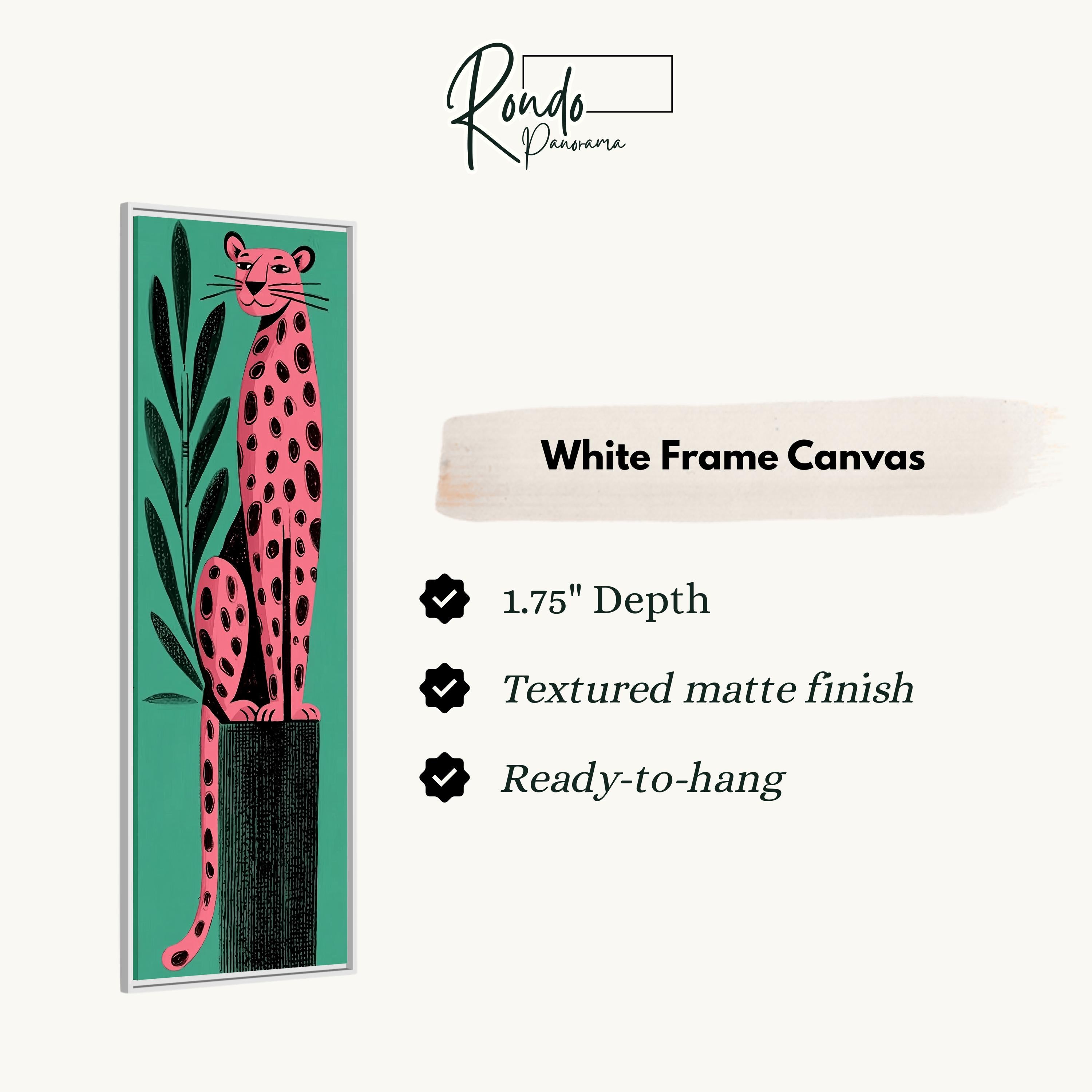 The image is a white frame canvas featuring a pink leopard sitting on a green plant.