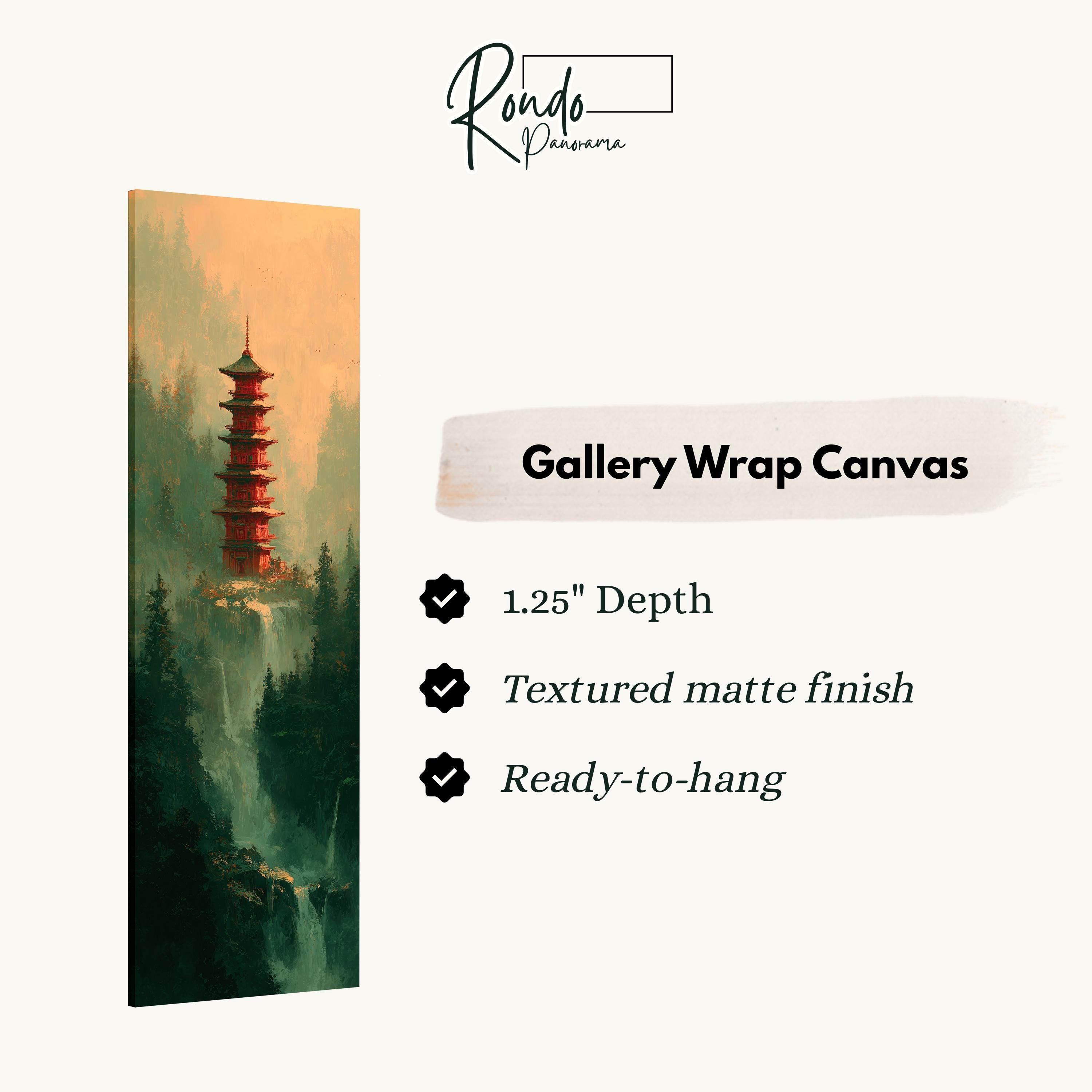 The image is a gallery wrap canvas featuring a painting of a pagoda in a misty forest setting.