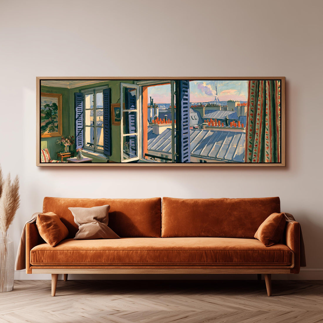 Paris chimneys and rooftops from a sunny window long horizontal canvas print above a sofa in a living room