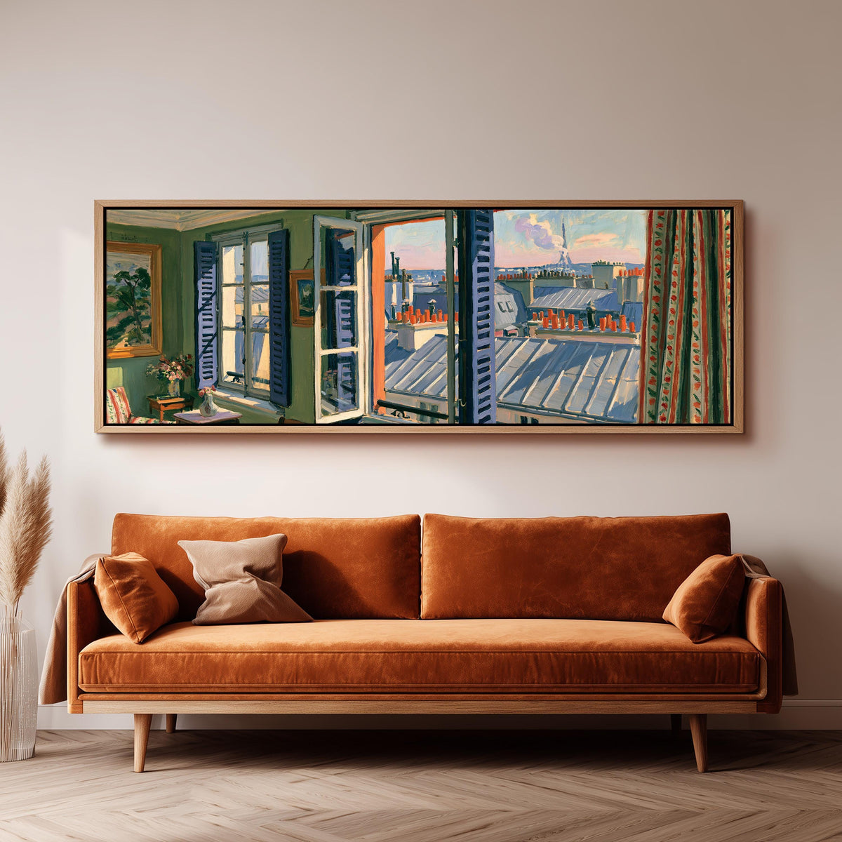 Paris chimneys and rooftops from a sunny window panoramic canvas print above a sofa in a living room