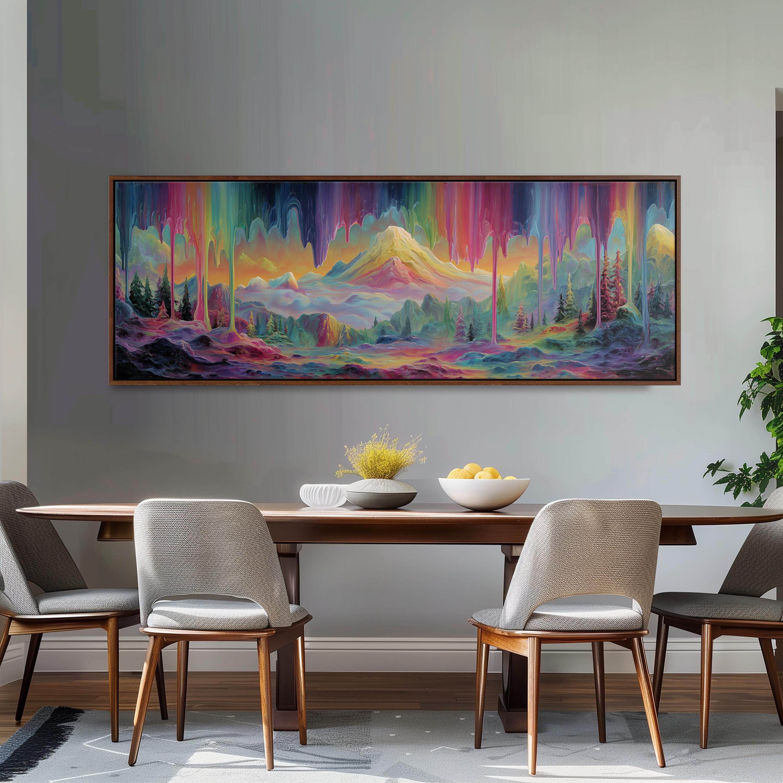 a large, colorful painting of a mountainous landscape hanging on a wall above a wooden dining table with four chairs.