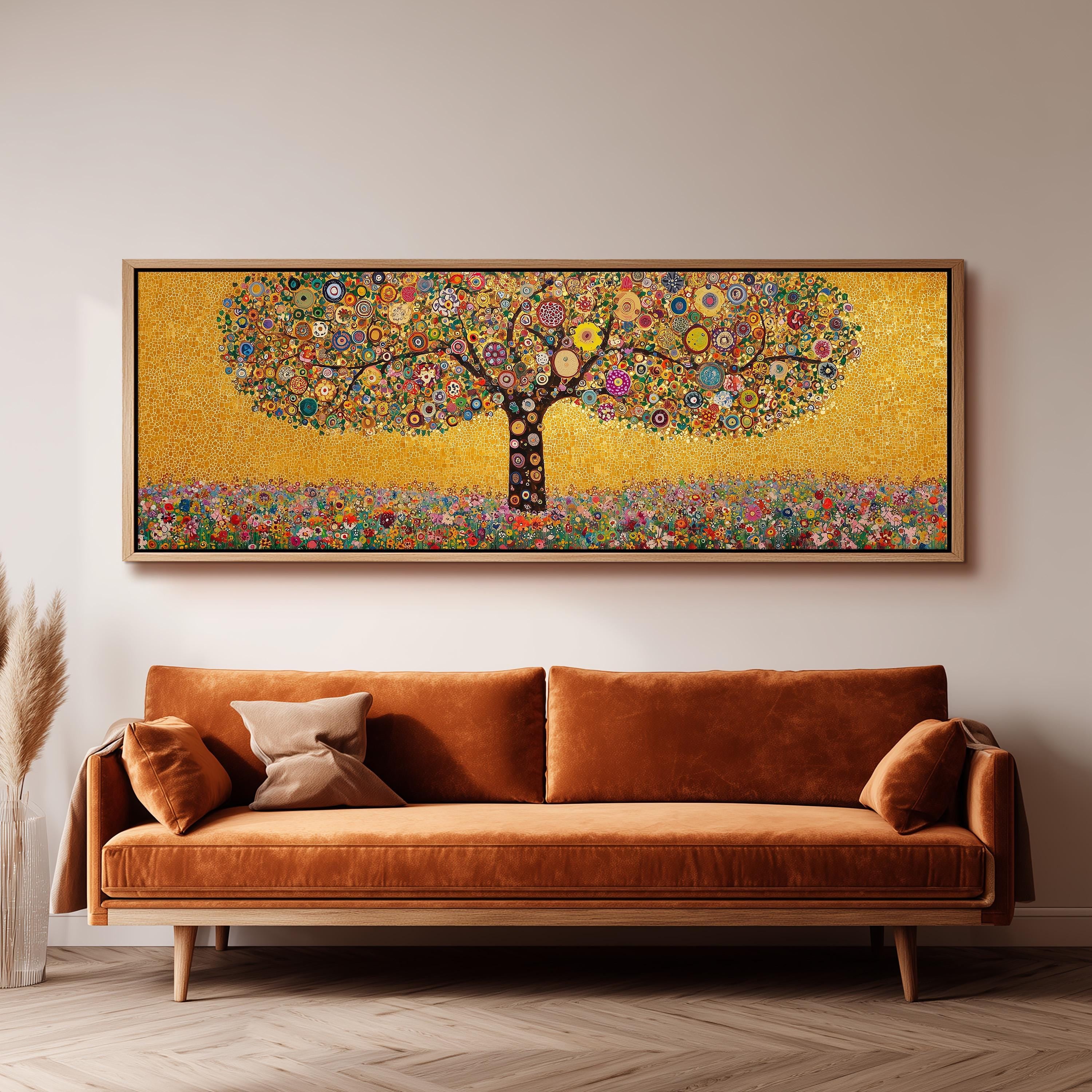 a large, colorful painting of a tree hanging on a wall above a brown sofa.