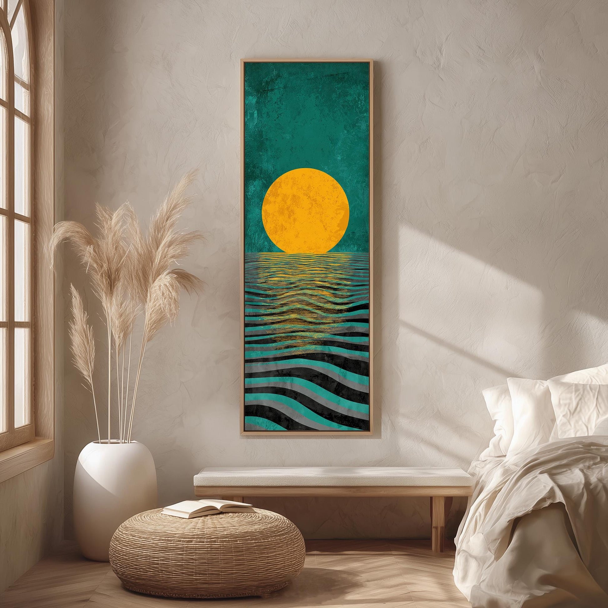 a large abstract painting hanging on a wall, depicting a sunset over a body of water. The painting has a vibrant green background with a large yellow sun in the center, and the water below has a black and white striped pattern. The painting is framed in a wooden frame and is the focal point of the room.