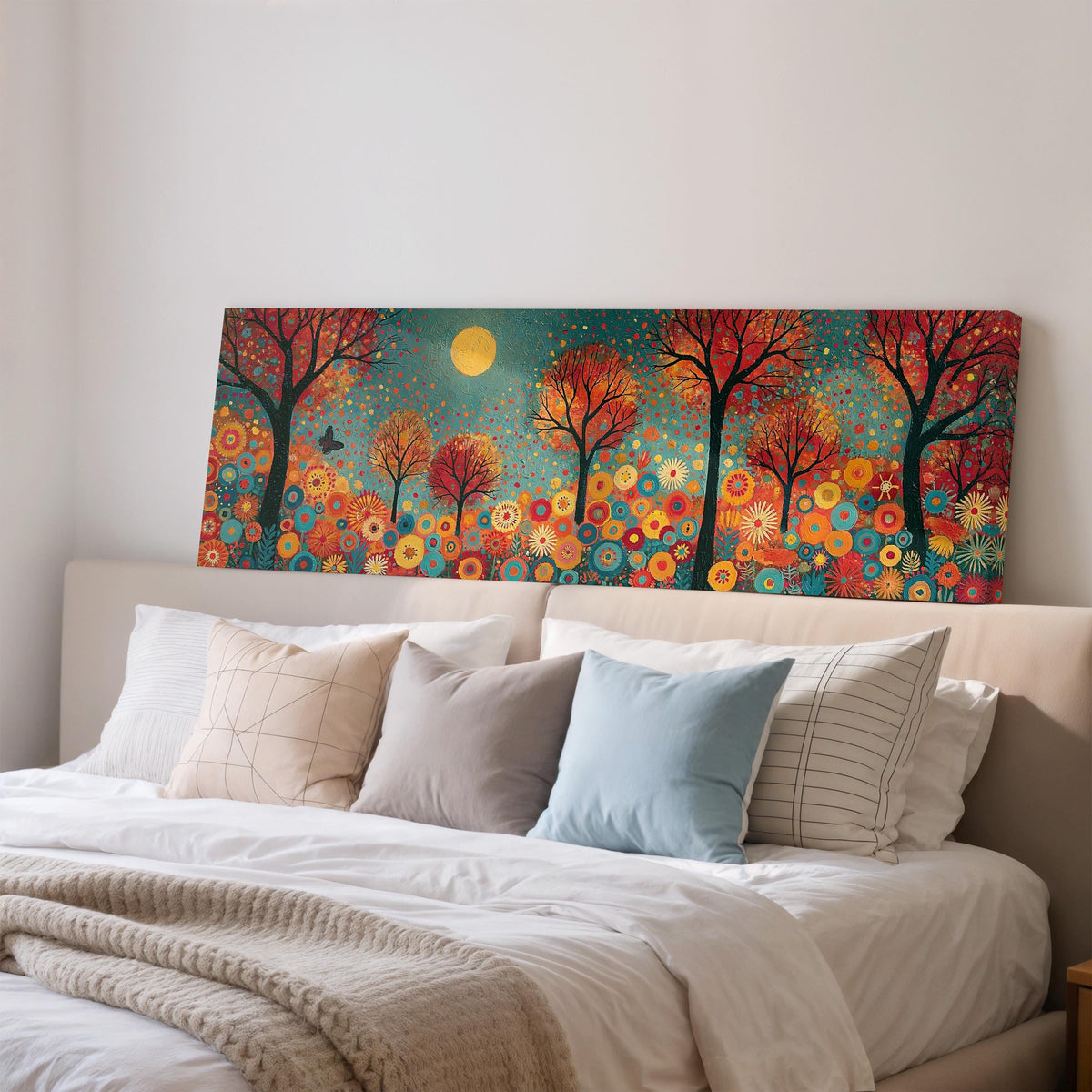 Folk art autumn forest with flowers wide panoramic canvas print above a bed in a bedroom