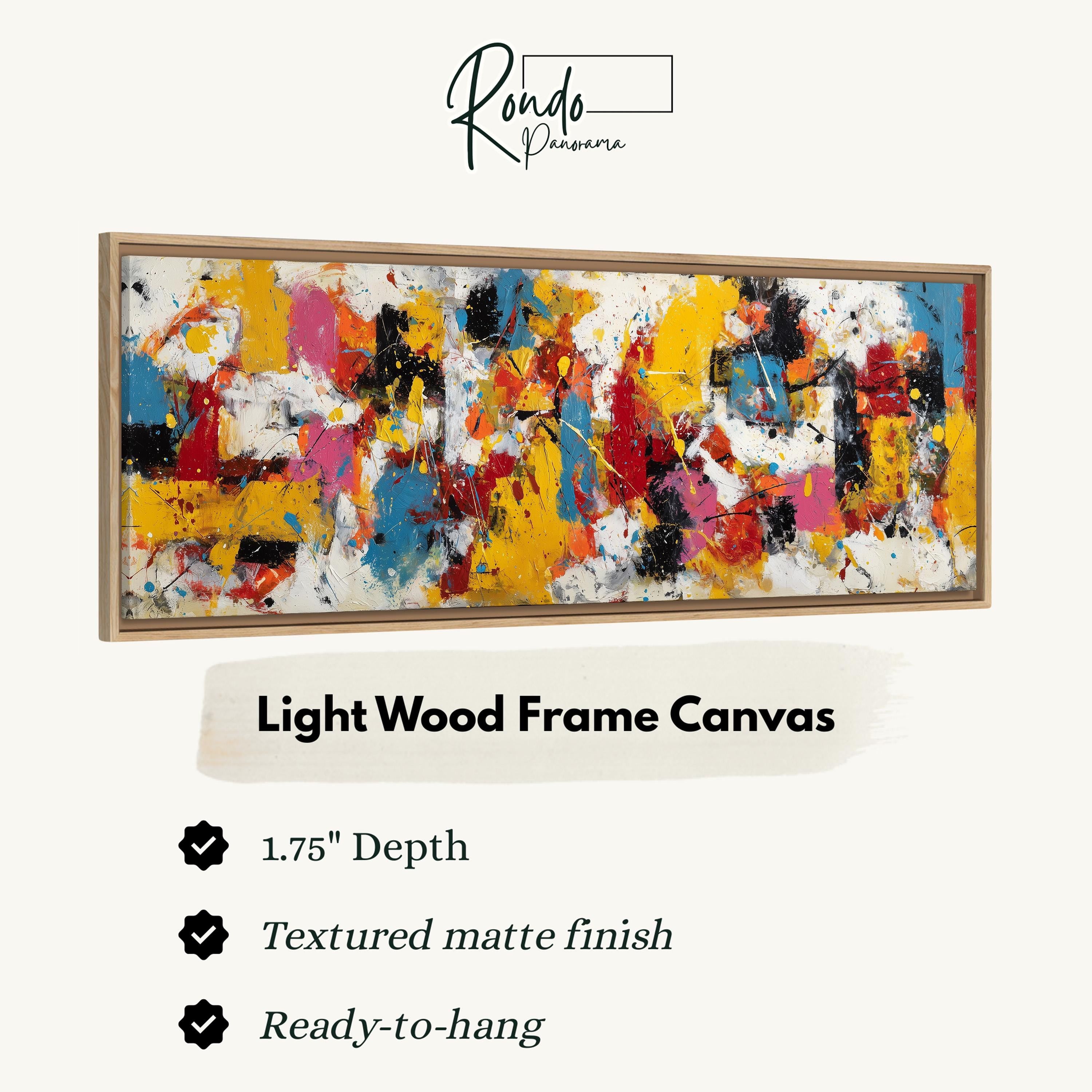 a large, colorful abstract painting in a light wood frame.