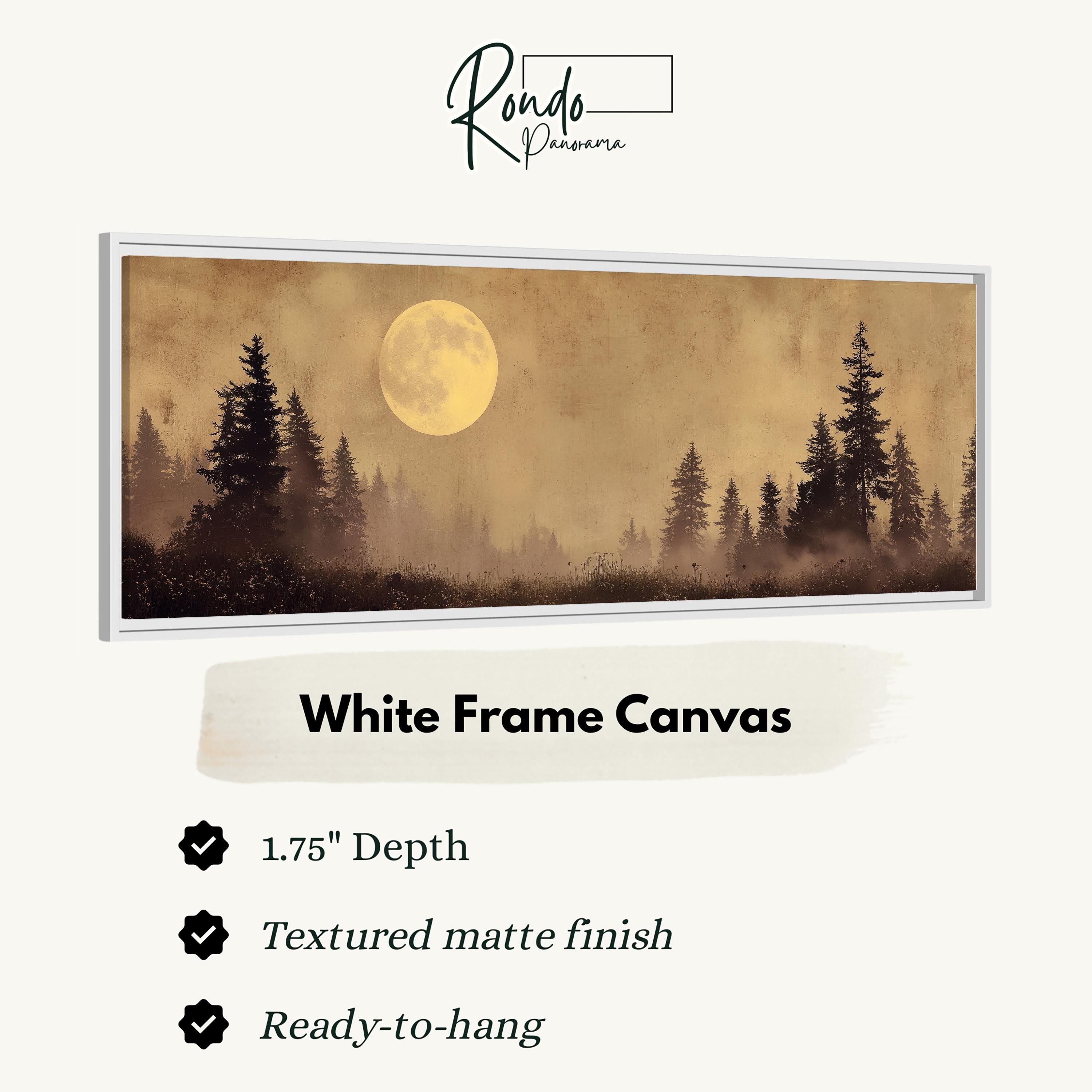 A white frame canvas depicting a forest scene with a full moon in the background.