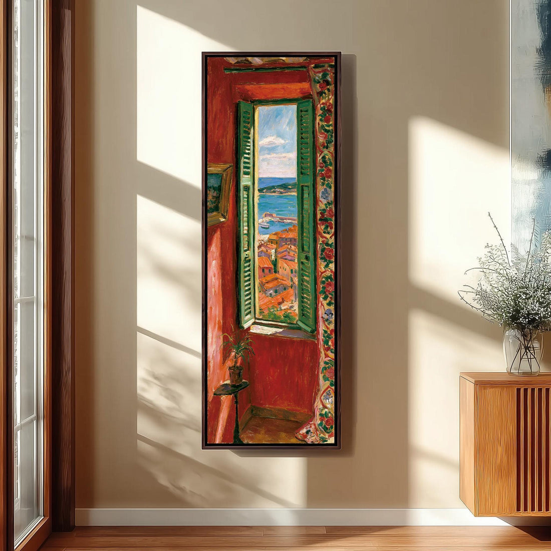 French Riviera through a window in a red room long vertical canvas print in a sunlit living space