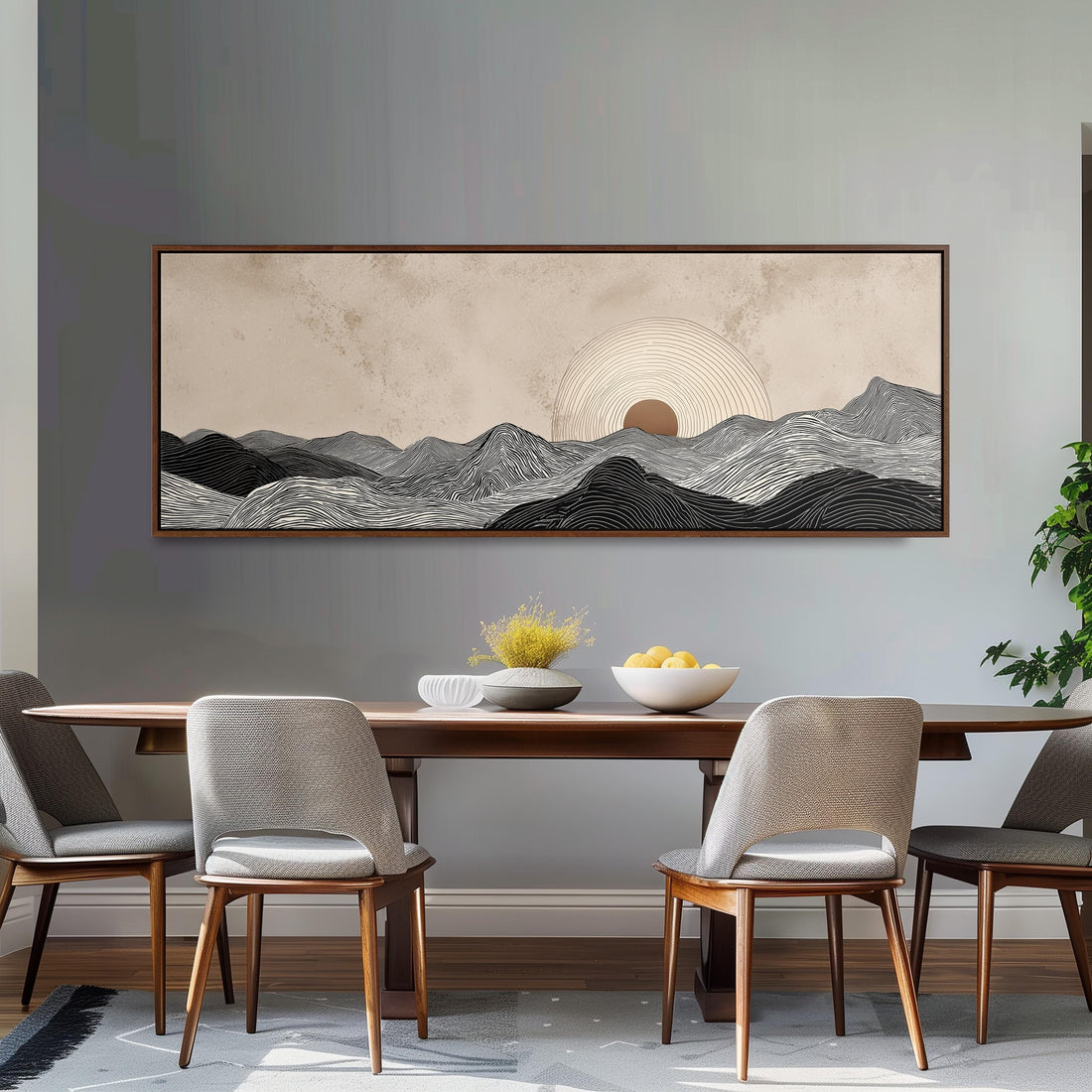 a modern living room with a black and white checkered sofa, a large abstract landscape painting on the wall, and a stack of books on the floor.