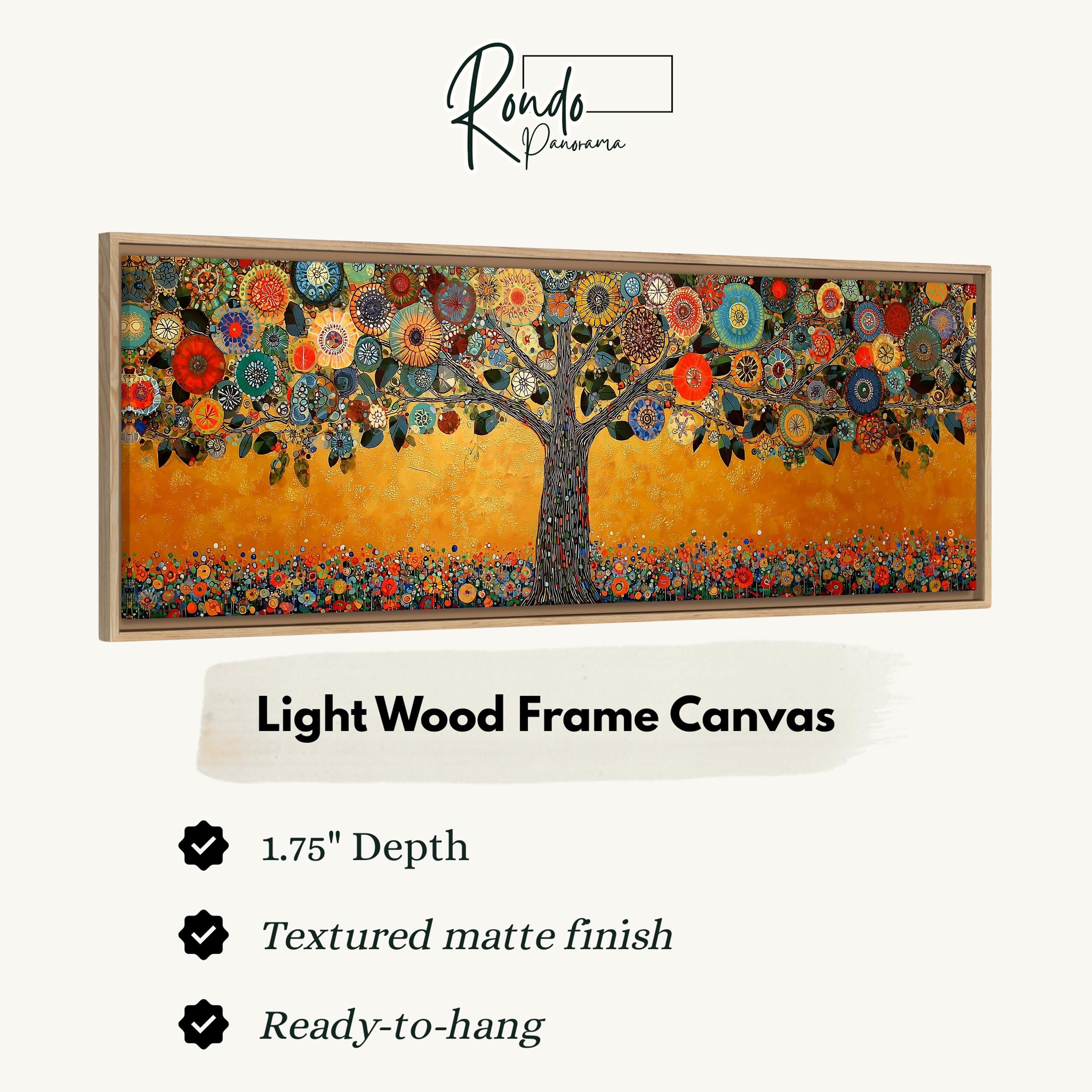 The image is a framed canvas depicting a tree with a vibrant, colorful design of flowers and leaves.