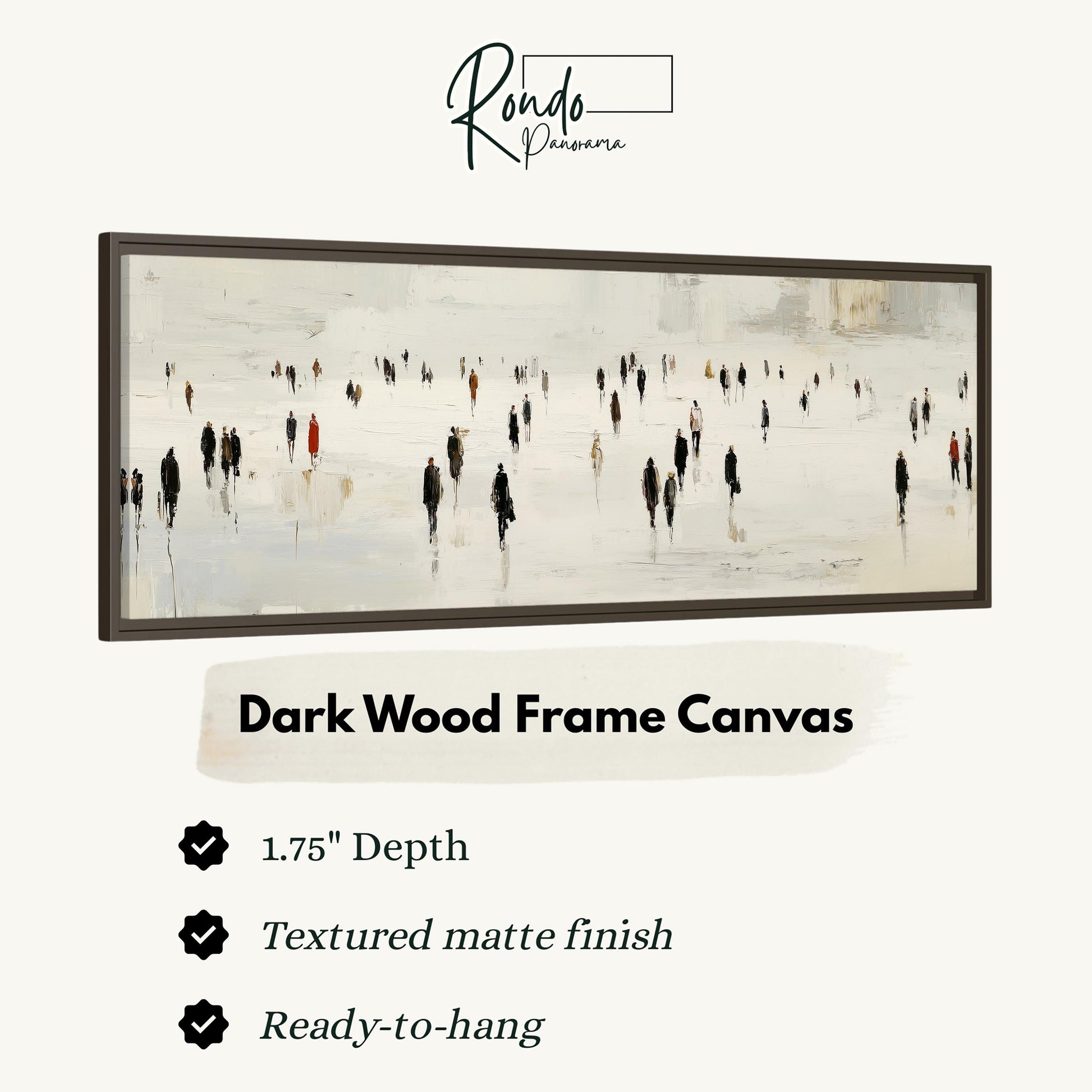 The image is a dark wood frame canvas depicting a snowy landscape with a group of people walking across it.