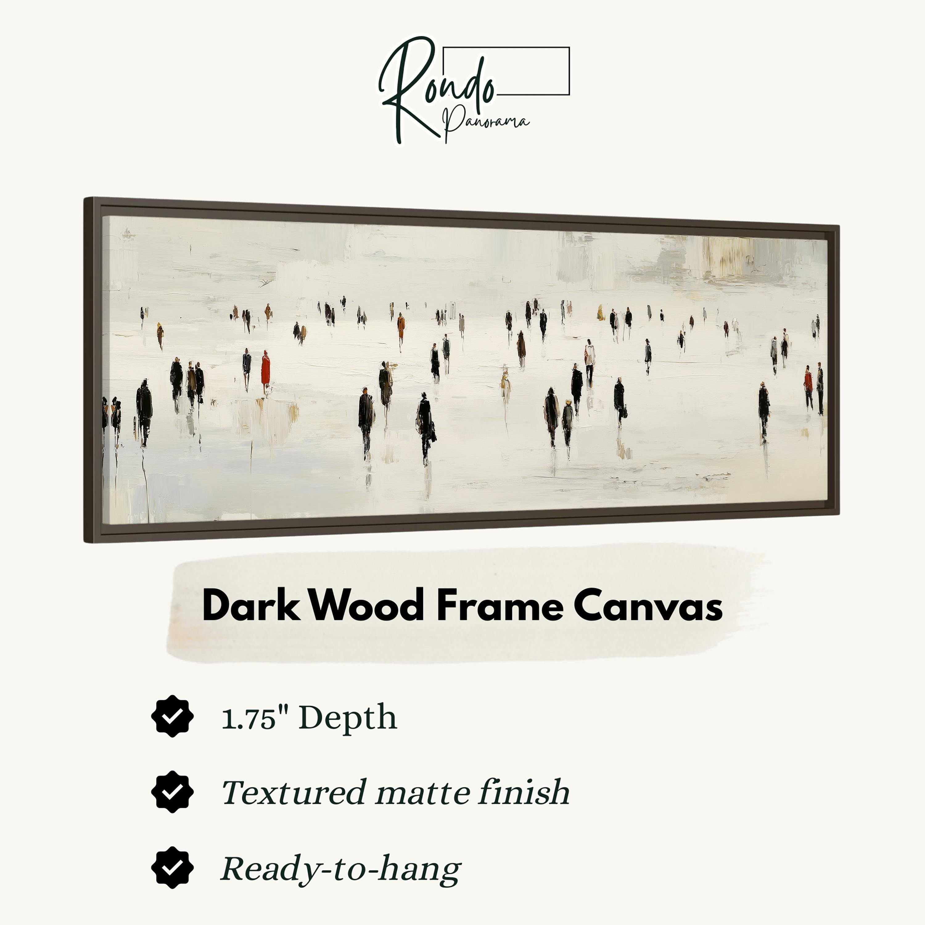 The image is a dark wood frame canvas depicting a snowy landscape with a group of people walking across it.