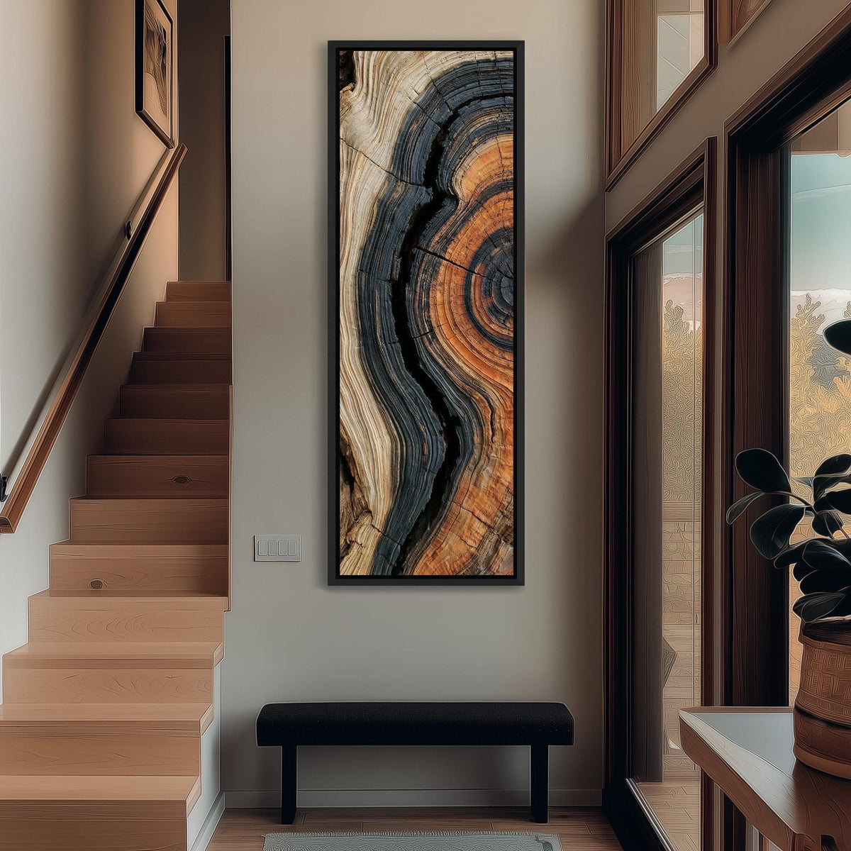 Charred tree ring close up tall narrow canvas print beside a staircase in an entryway